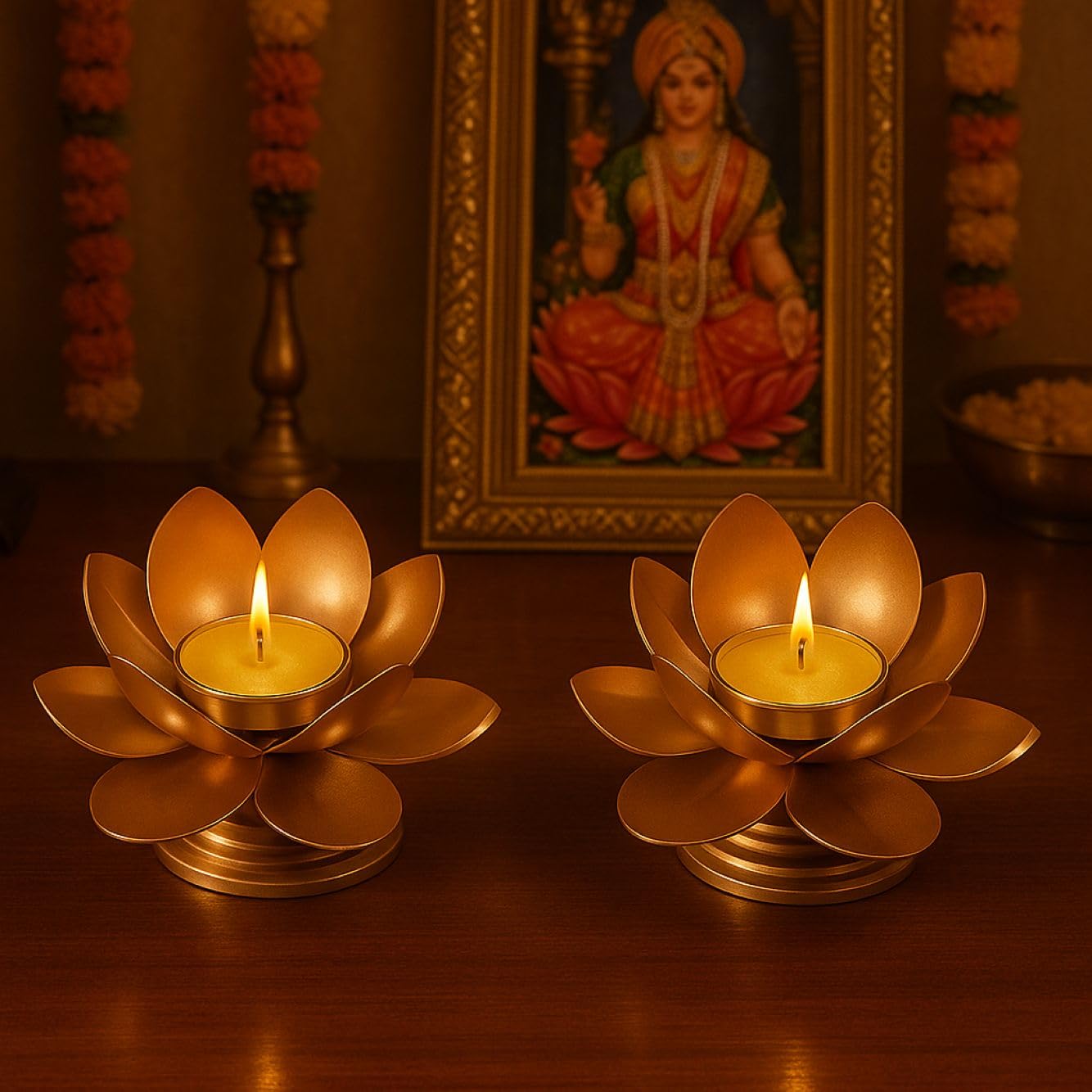 Easyera Mini Lotus Tealight Candle Holder Stand (Metal Diya) Home Decoration Festival Occasions Diwali,Ganesh Chaturthi Golden Color Pack Not Include Glass Candle (2, Mini Lotus (Golden))-image-6