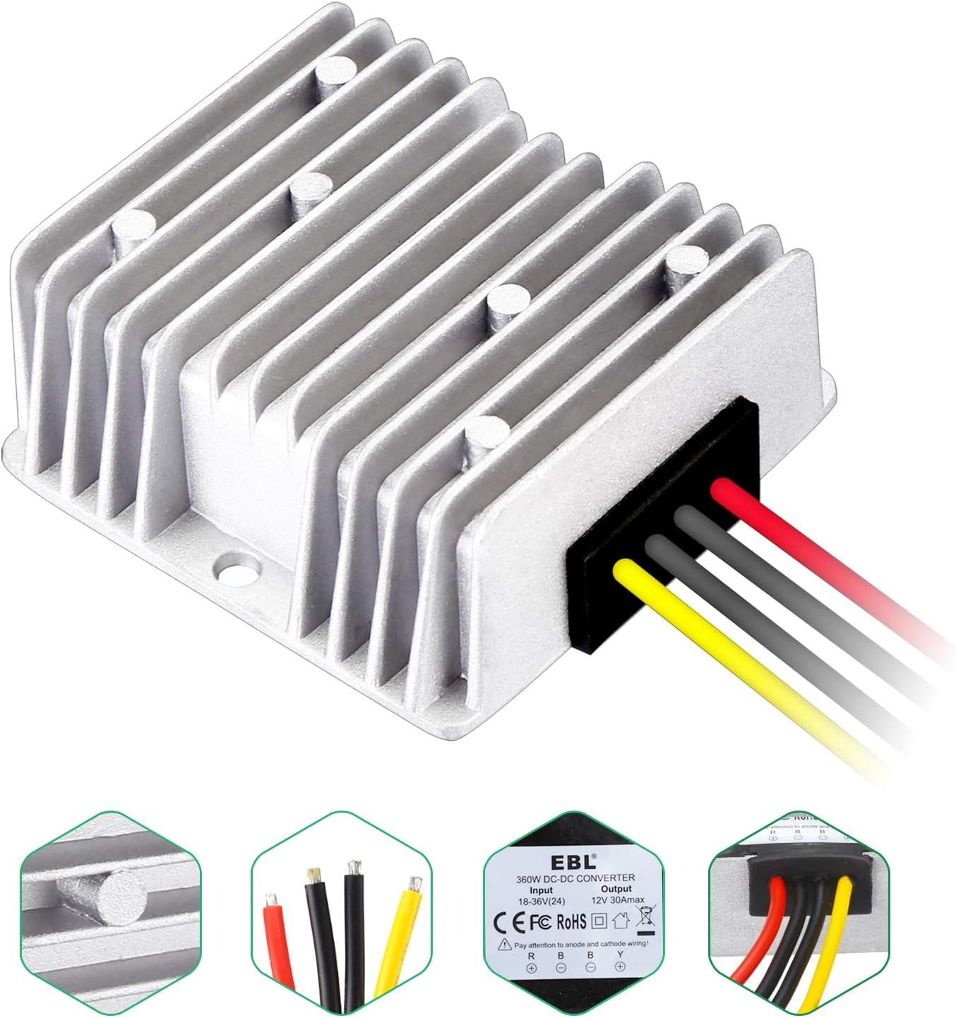 EBL DC/DC Converter Voltage Regulator 24V Step Down to DC 12V 30A 360W Waterproof Power Supply Transformer Volt Module