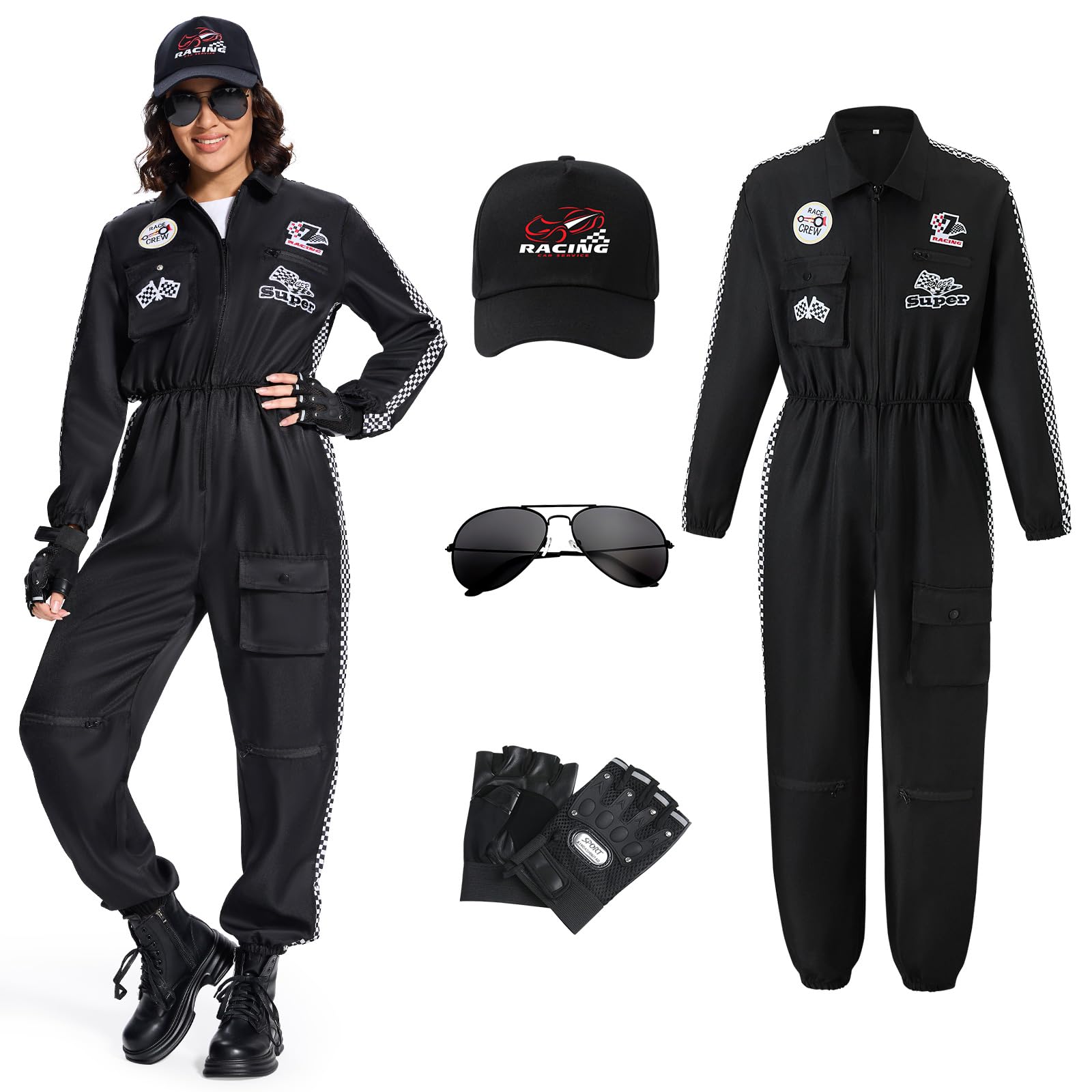 BuzzoXerex Rennfahrer Kostüm Damen, Rennfahrer Anzug Damen mit Handschuhe, Hüte, Sonnenbrille Rennfahrer Kostüm Overall Jumpsuit für Karneval, Party, Cosplay (Schwarz, L)