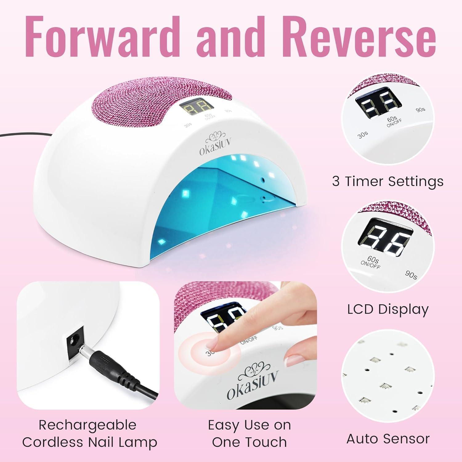 Rechargeable UV LED Nail Lamp with Diamond Design & Touch Control - 3 Timer Settings, Fast Curing for All Gel Polishes, Portable UV Nail Dryer for Professional Salon & Home