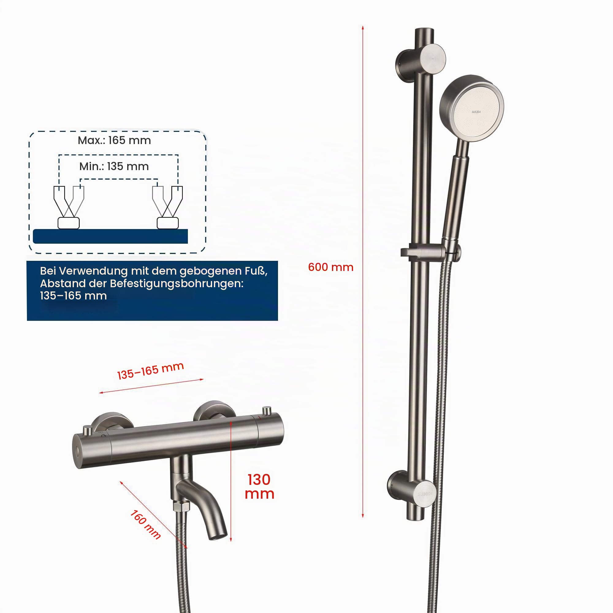 Grifo de bañera de alta calidad montado en la pared con cabezal de ducha de mano, acero inoxidable cepillado, botón seguro de 38 ℃, grifo mezclador para baños modernos