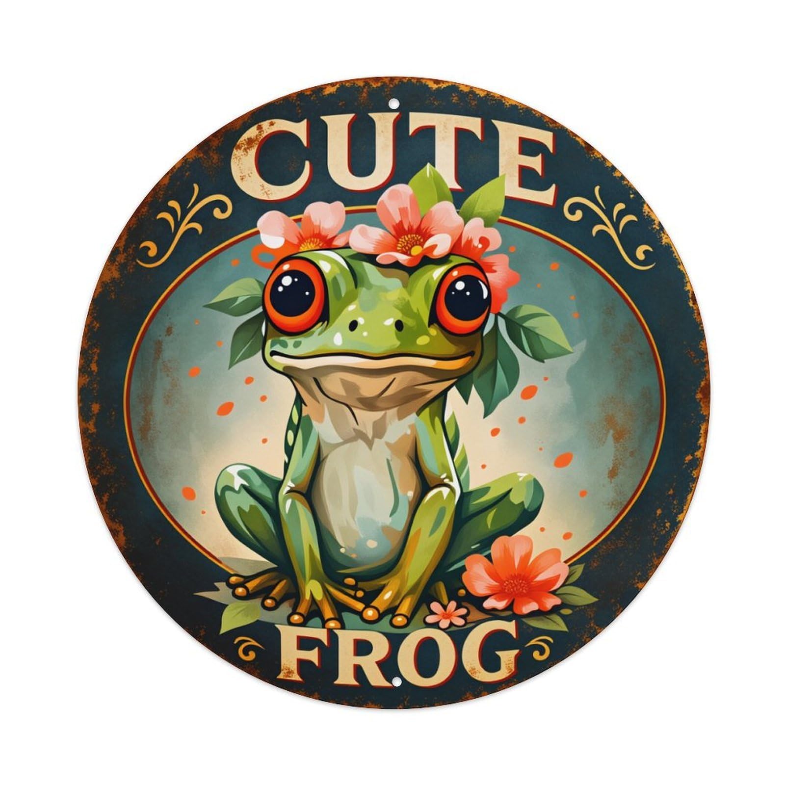 Cute Frog With Flowers And Eyes Round Tin Sign Vintage Style Metal Sign Home Bar Garden Wall Plaque Decor Metal Poster 8x8 Inch