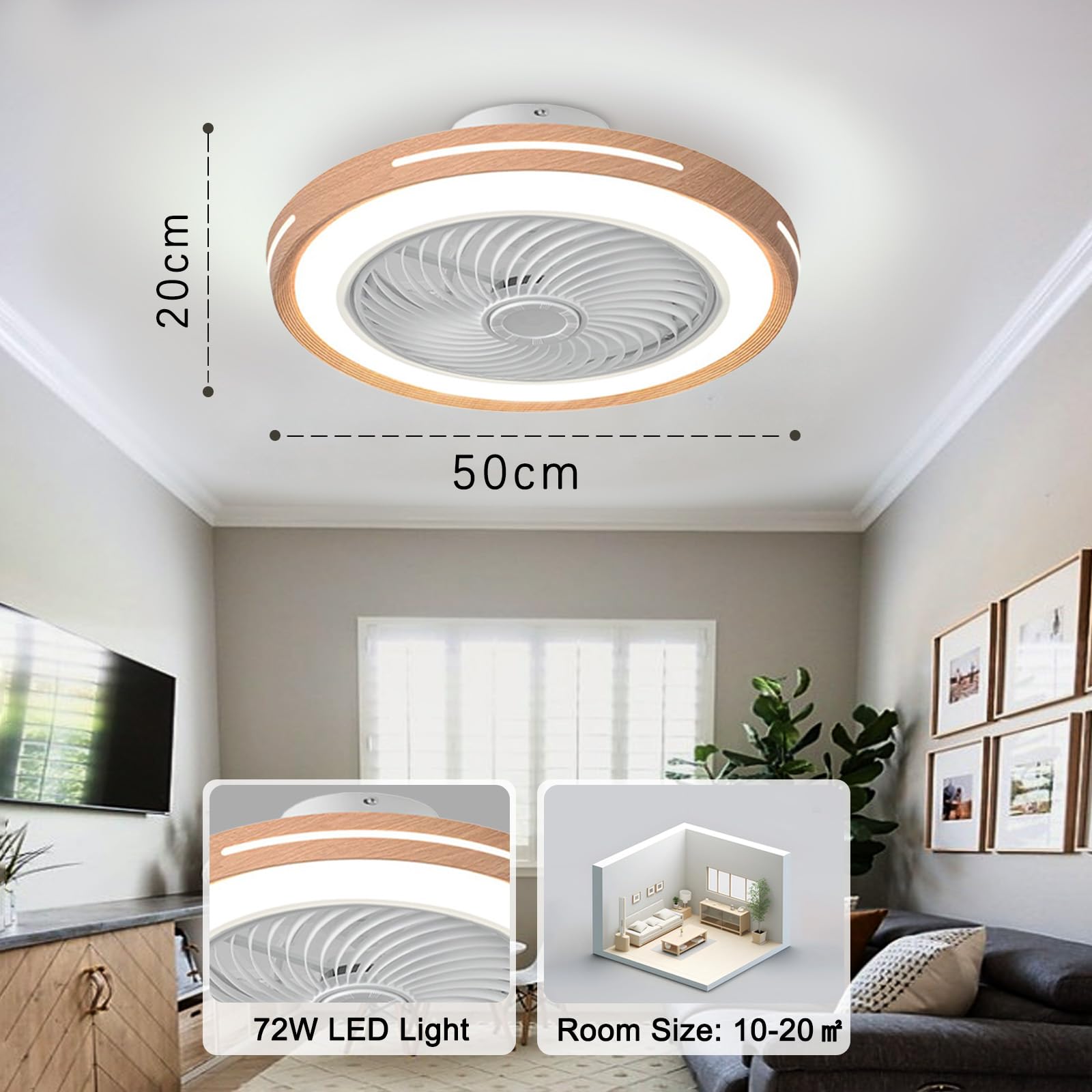 Ventilatore da Soffitto con Luce e Telecomando Finto legno 50cm-A | Silenzioso LED Dimmerabile Plafoniera con Ventilatore DC Reversibile Lampadario con Ventola per Camera da Letto Soggiorno