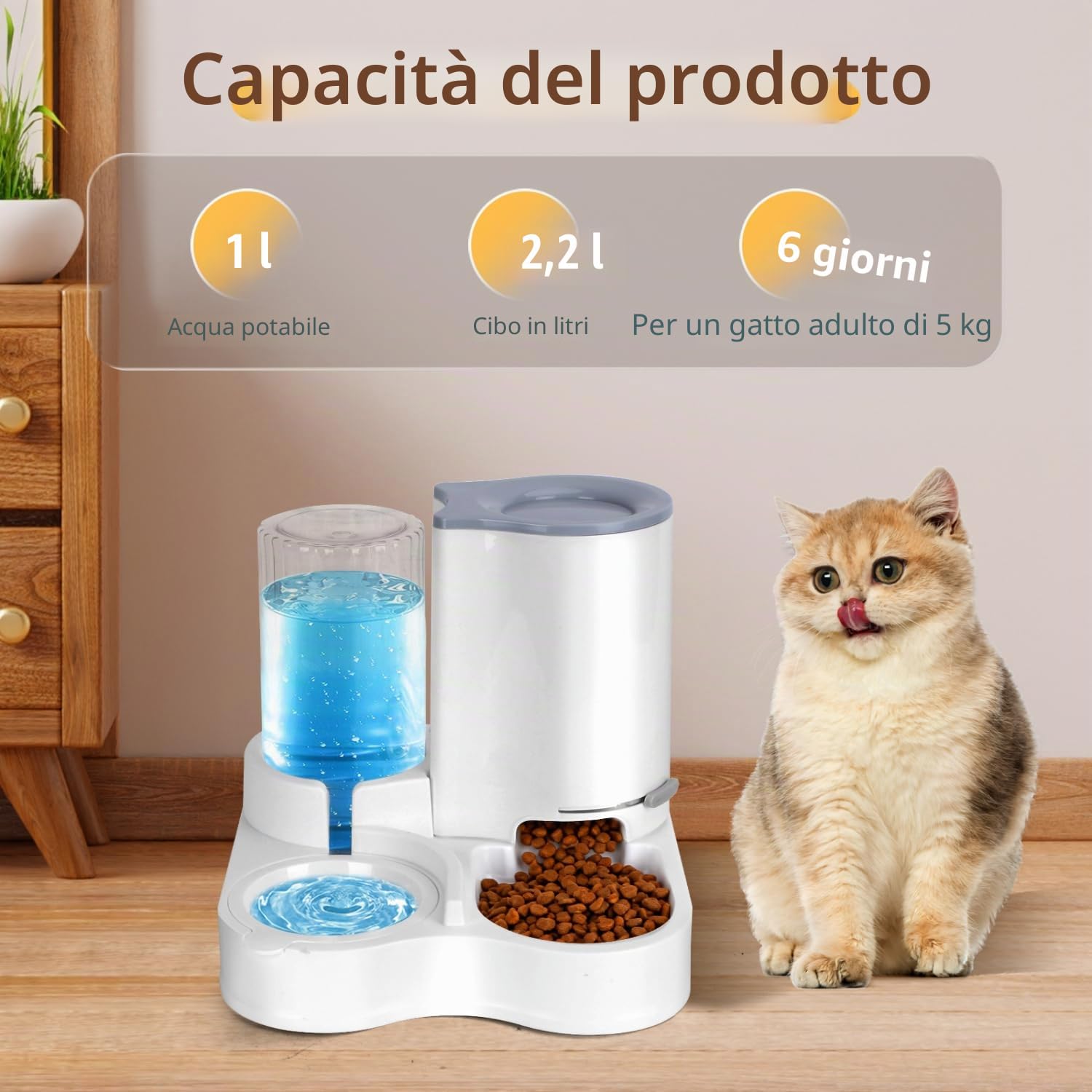 Nobleza Distributore per Gatti 2 in 1 con Fontana - Dispenser gravità Cibo 2.2L e Acqua 1L, Igienico Salvaspazio, Senza Elettricità, Design Moderno (Grigio)