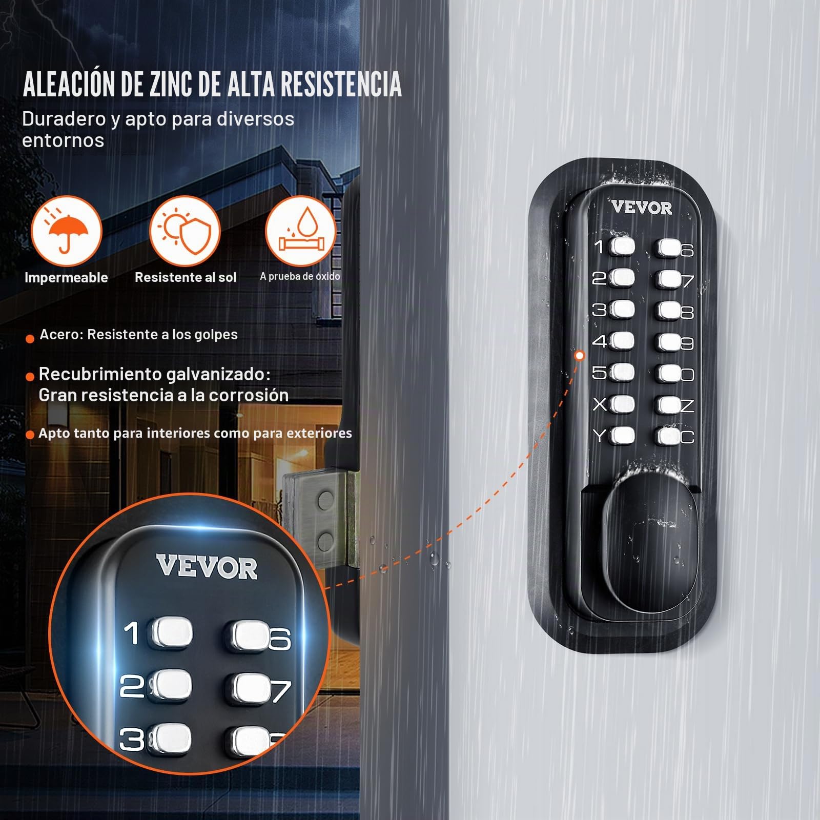 VEVOR Cerradura de Puerta Mecánica sin Llave Teclado de 14 Teclas Cerradura de Código Manija de Puerta de Entrada Exterior de Aleación de Zinc Fácil Instalación para Puertas Espesor de 35-65 mm