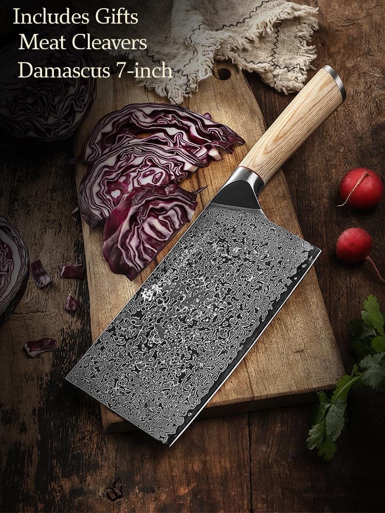 Generic DongSunZuo 67 layers Damascus 7inch meat Cleavers，Chinese Chef's Knife，Kitchen Knife，vegetable knives，PAKKA Handle, 10Cr15CoMoV Steel Core, with Black Walnut Sheath Gifted…, Silver