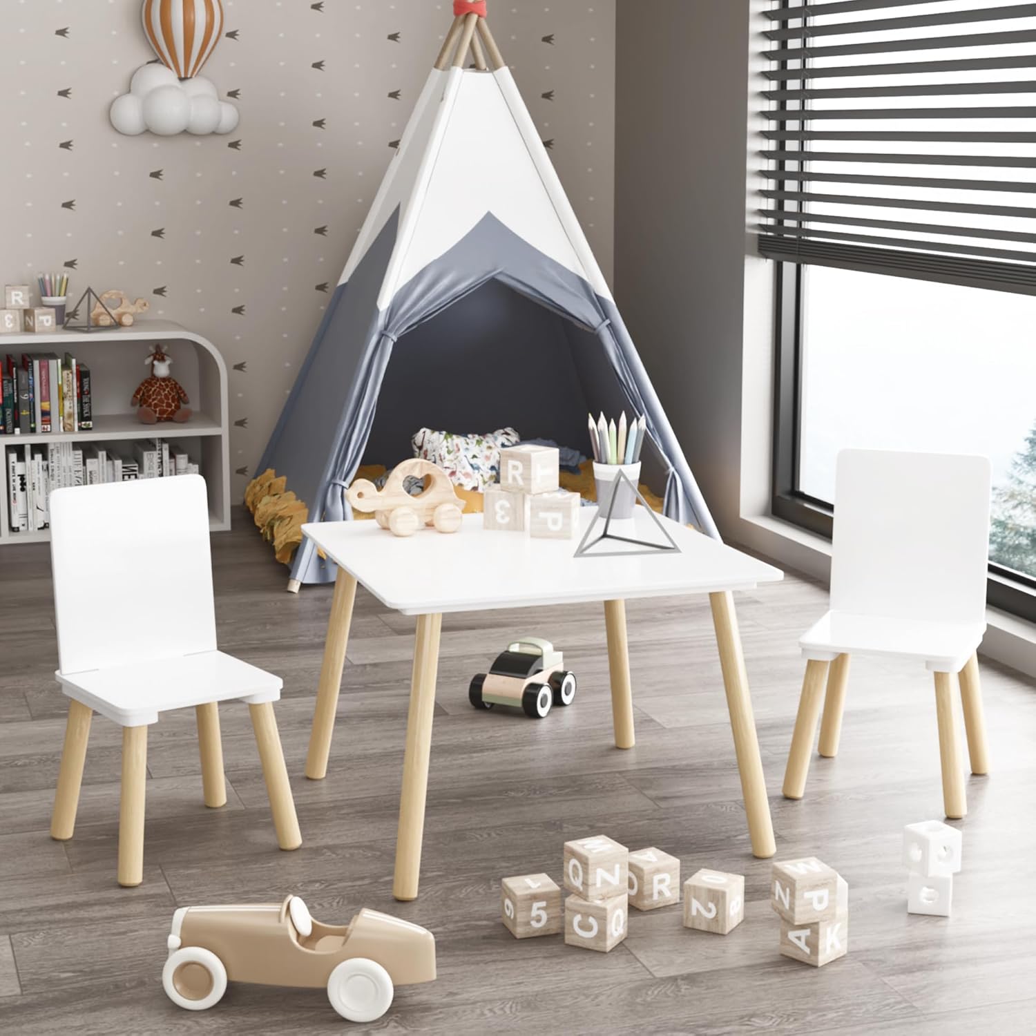 Kids Table and 2 Chairs Set, 3 Pieces Toddler Table and Chair Set, Kids' Table & Chair Sets, Kid Play Table for Daycare, Classroom, Home (White)