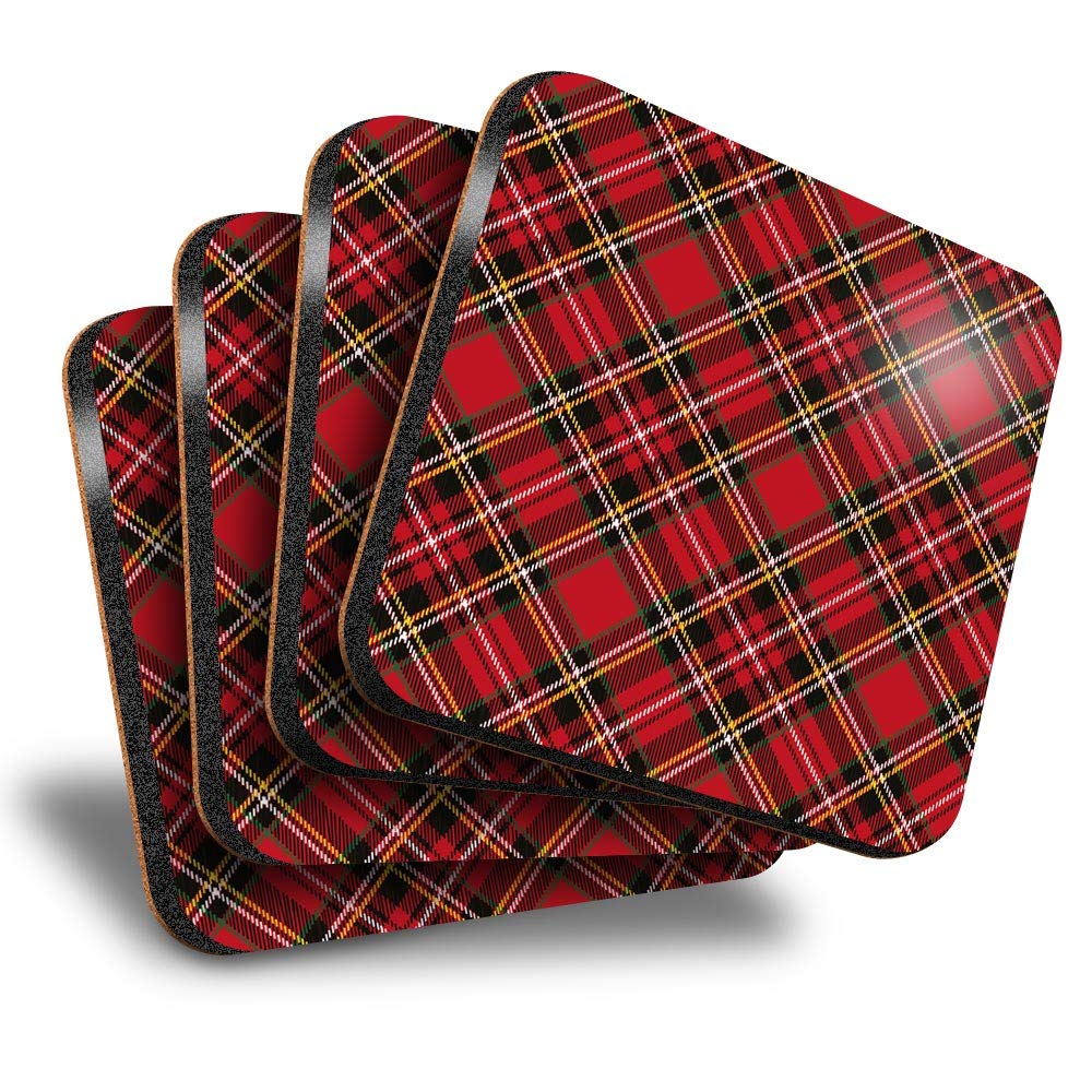 Destination Vinyl Ltd Multicolor Great Coasters (Set Of 4) Square - Red Tartan Scottish Fabric Scotland Drink Glossy Coasters/Tabletop Protection For Any Table Type #15842