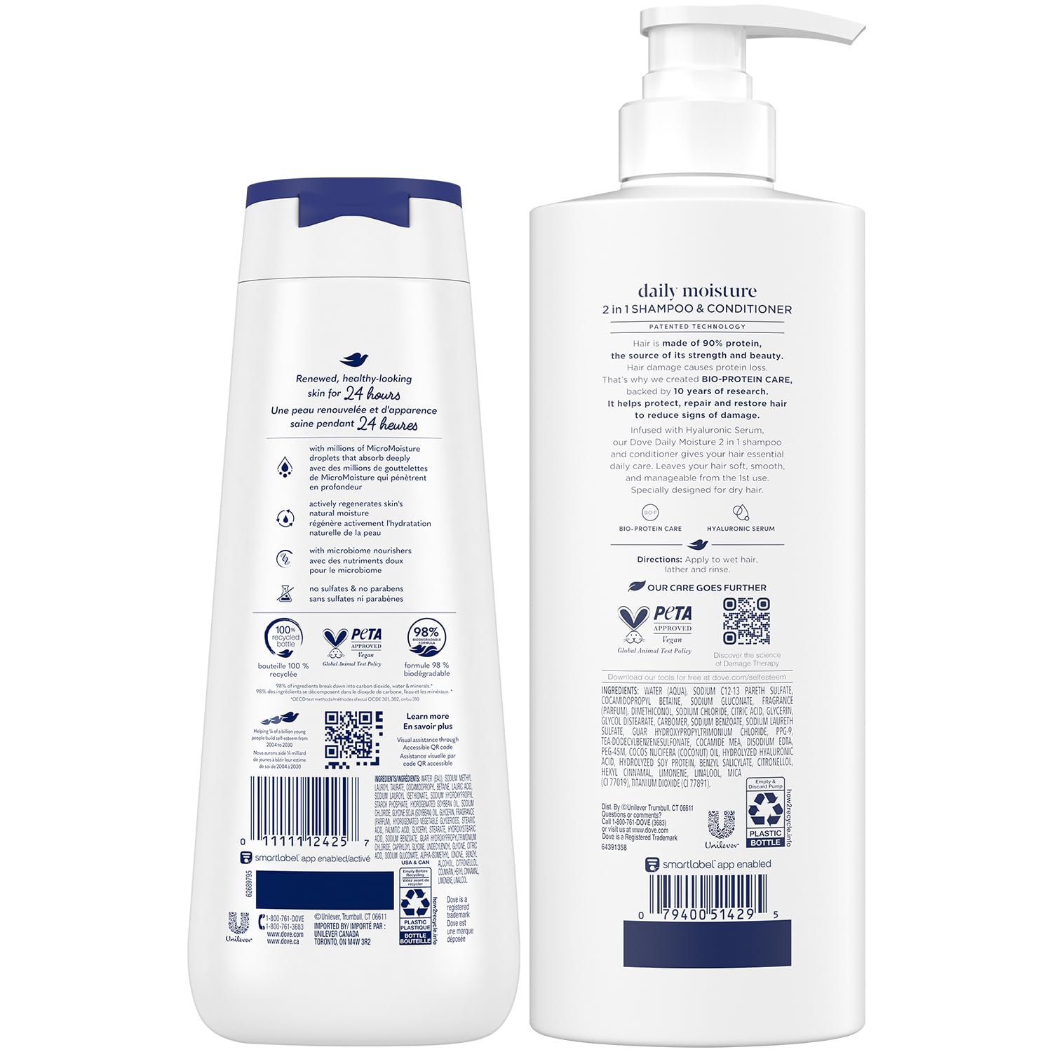 Dove 2-in-1 Shampoo & Conditioner, Daily Moisture Deep Moisture Body Wash – Deep Hydration for Revitalizing Dry Hair and Skin (2 Piece Set)