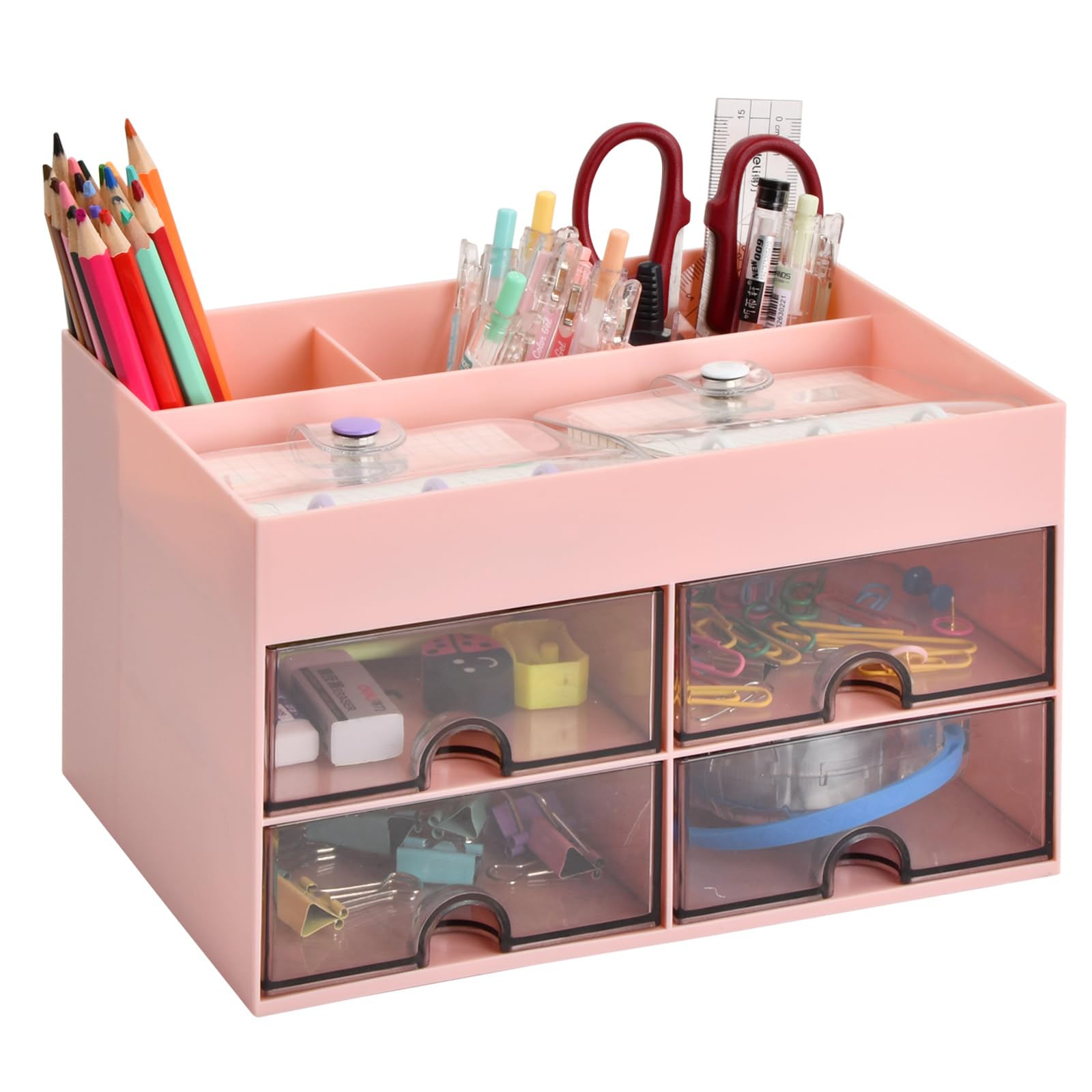 Pinsheng Organizador Escritorio, Organizador de Oficina con 4 Compartimentos y 4 Cajones Pequeños Multifuncional Portalapices Escritorio, Organizador de Mesa de Plásticoa para Hogar, Escuela (Rosa)