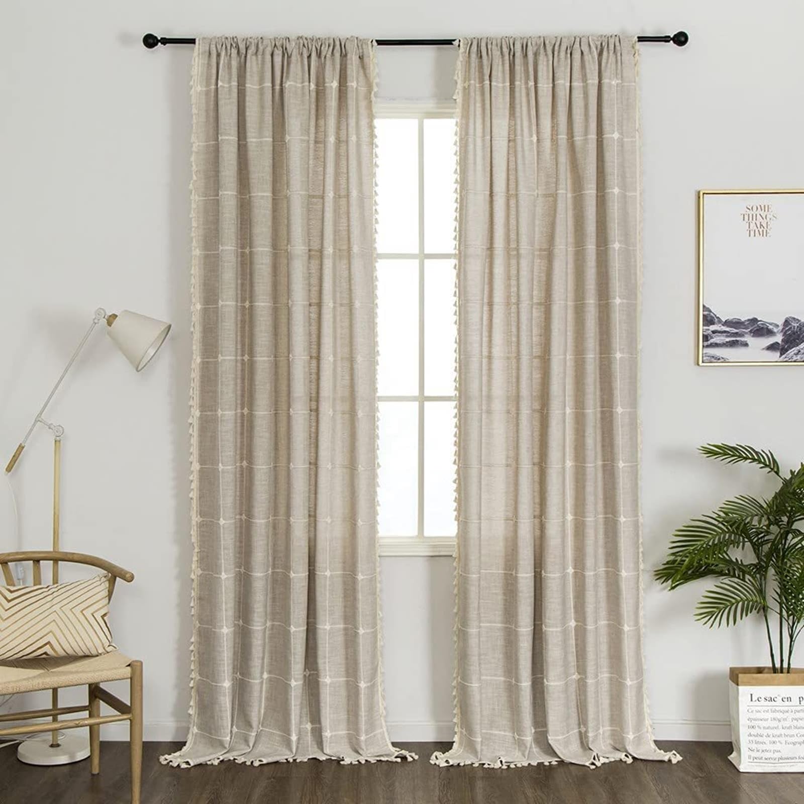 Rideau fenetre chambre 137x274 cm passe tringle grand format avec broderie carreaux chic