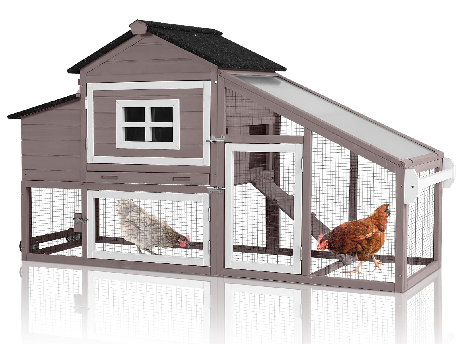Chicken Coop Expandable Chicken House for Outdoor with Wheels Nesting Box, Leakproof Pull-on Tray, and UV-Resistant Roof Panel - Brown