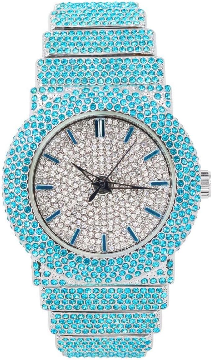 Unisex Full Iced Bling Out Luxury Fashion Lab Diamond CZ Round Quartz Movement White Gold Plated Celebrity Party Pink Watch - Gift Box