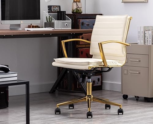 Miniatura 6 de EALSON Silla de escritorio de cuero moderna, silla ergonómica de oficina con ruedas y brazos, base dorada, cómoda silla de trabajo para computadora,