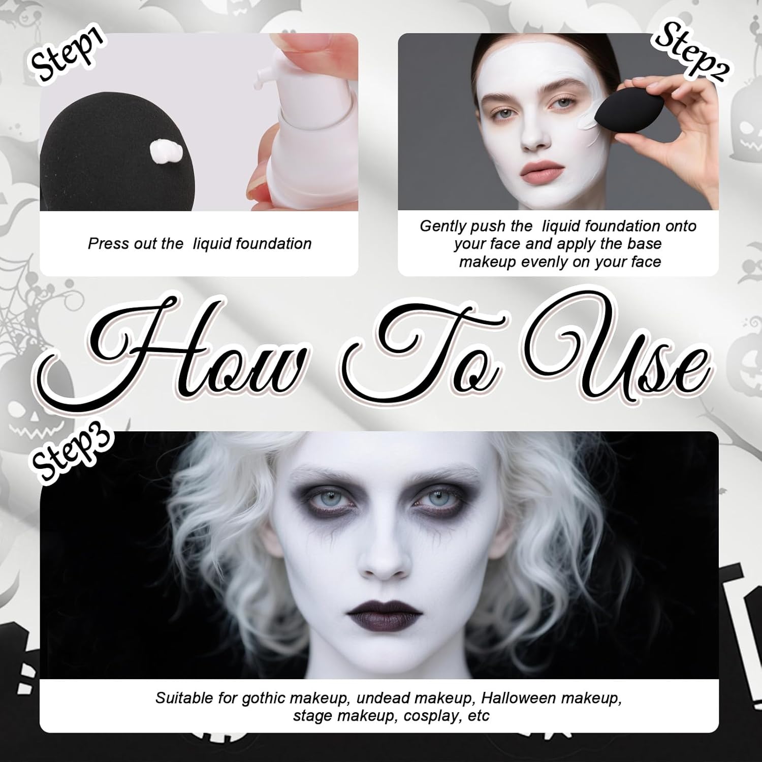 White Liquid Foundation for Halloween Goth Makeup,Professional Waterproof Full Coverage White Foundation for SFX Skeleton Ghost Zombie Clown Cosplay Makeup Face Paint for Adult Halloween Party image 3 of 7 B0FBFZNZ6K