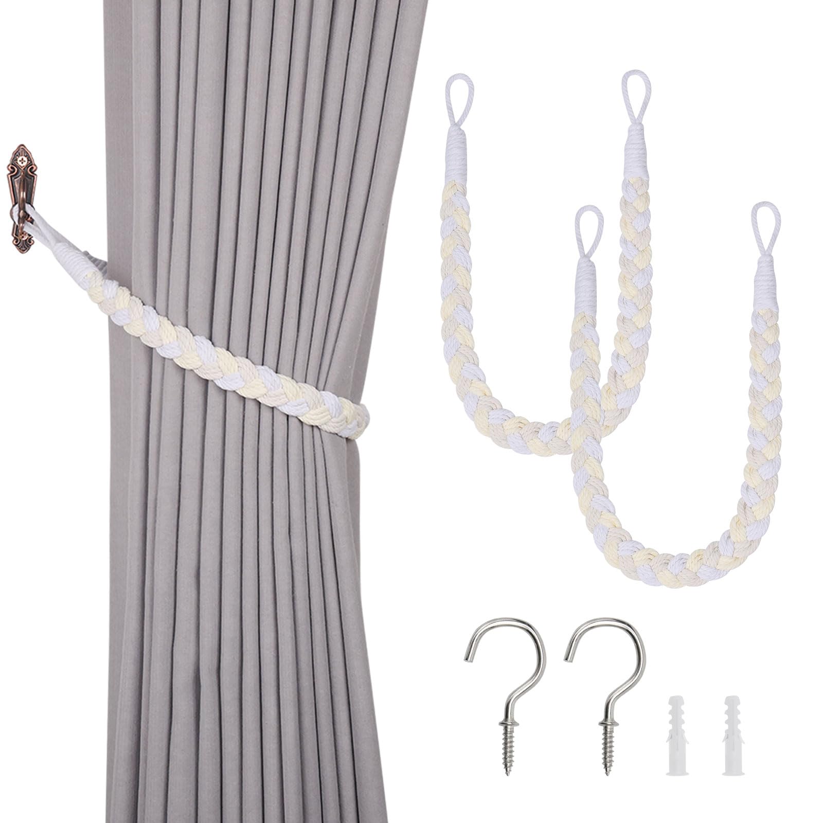 Pretty Jolly 2 Pack Natural Cotton Rope Curtain Tiebacks Elegant Boho Style Decorative Drape Tie Backs Soft Hand-Woven Rope Curtain Holdbacks with Metal Hook for Home & Office Drapery (Beige & White)