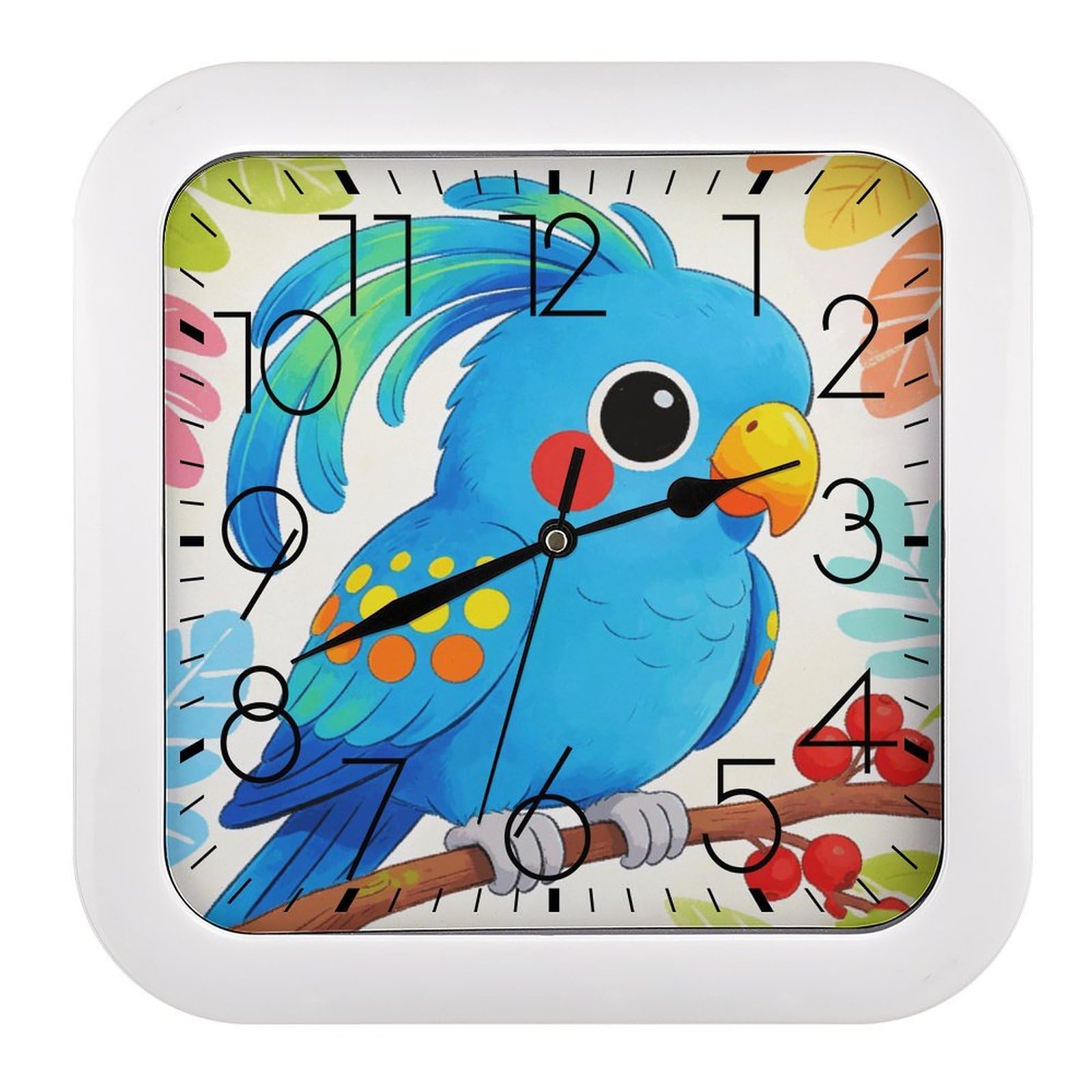 LZQPOEAS Macaw Square Wall Clock, 10.2 Inch Battery Operated Silent Non-Ticking Wall Clock, Square Analog Decorative Clock for Home Wall Art, Living Room, Bedroom, and Office