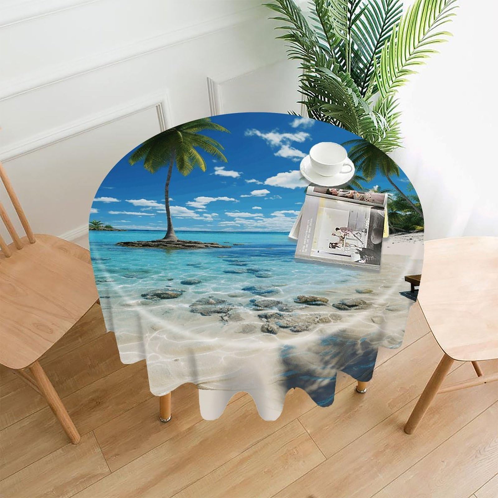 VstaDank Beach Palm Tree Tablecloth Easy to Clean Polyester Round Table Cover Washable Round Table Cloth Wrinkle-Free Circle Decoration Tablecloth for Kitchen Dining Room 60"