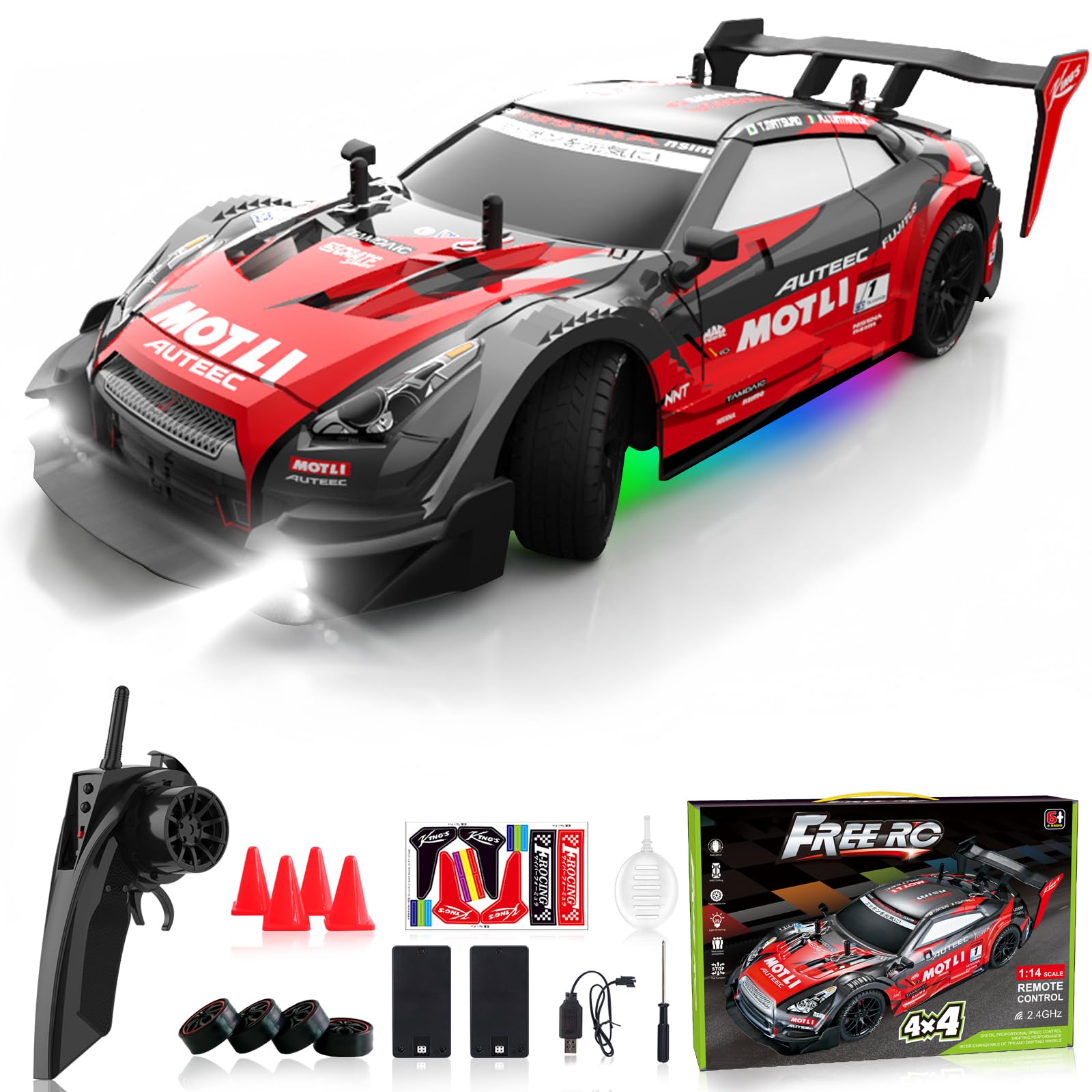 Remote Control Car RC Drift Car 1:16 Scale 4WD RC Vehicle with LED Lights 2.4GHz 30km/h RTR High Speed Racing Sport Toy for Adults Boys Girls Kids Gift 2Pcs Rechargeable Battery