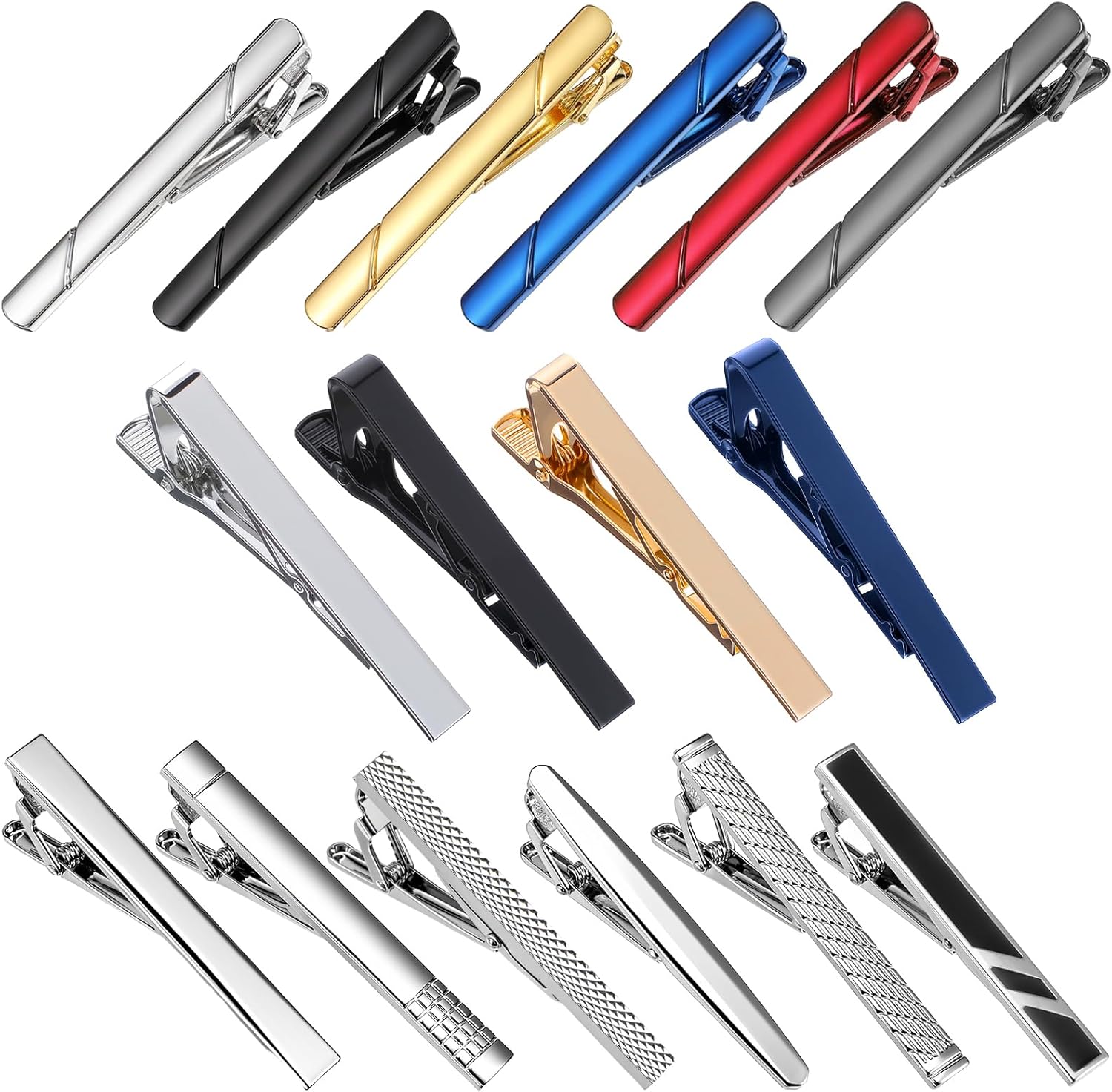 16 Pcs Tie Clips for Men, Black Gold Silver Blue Red Tie Bar Set for Regular Necktie, Fashion Designs Necktie Bar Pinch Clips Suitable For Father's Day Wedding Anniversary Business