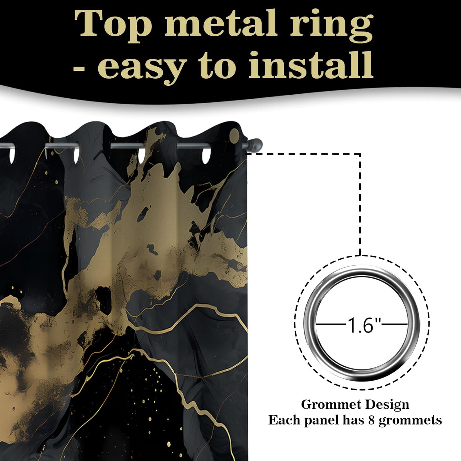 Black and Gold Patterned Blackout Curtains Black and Gold Marble Grommet Window Drapes for Bedroom Living Room Black Out 84 Inch Length 2 Panels Set, 84 X 52 Inch