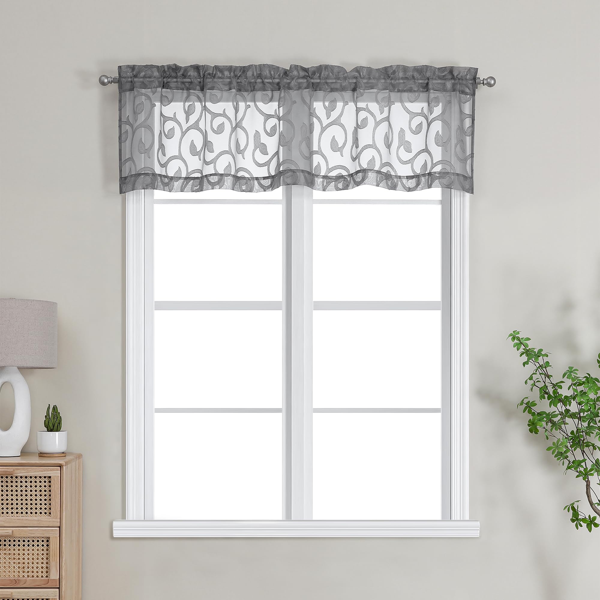 OWENIE Furman Charcoal Gray Sheer Curtains Valances for Windows, Small Short Sheer Curtains for Living Room Bedroom, Airy Solid Curtains with Geometric Jacquard Clip Design, 2 Pcs Each 40Wx14L inch