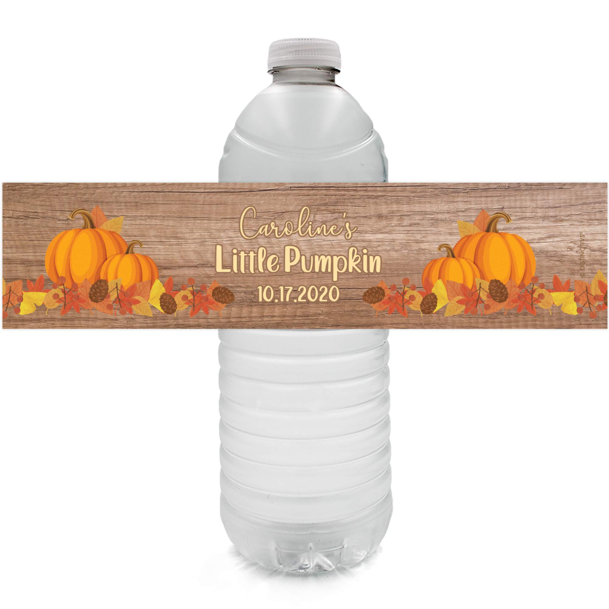 Personalized Rustic Fall Little Pumpkin Baby Shower Water Bottle Labels - Custom Autumn Themed Waterproof Wrappers - 24 Stickers