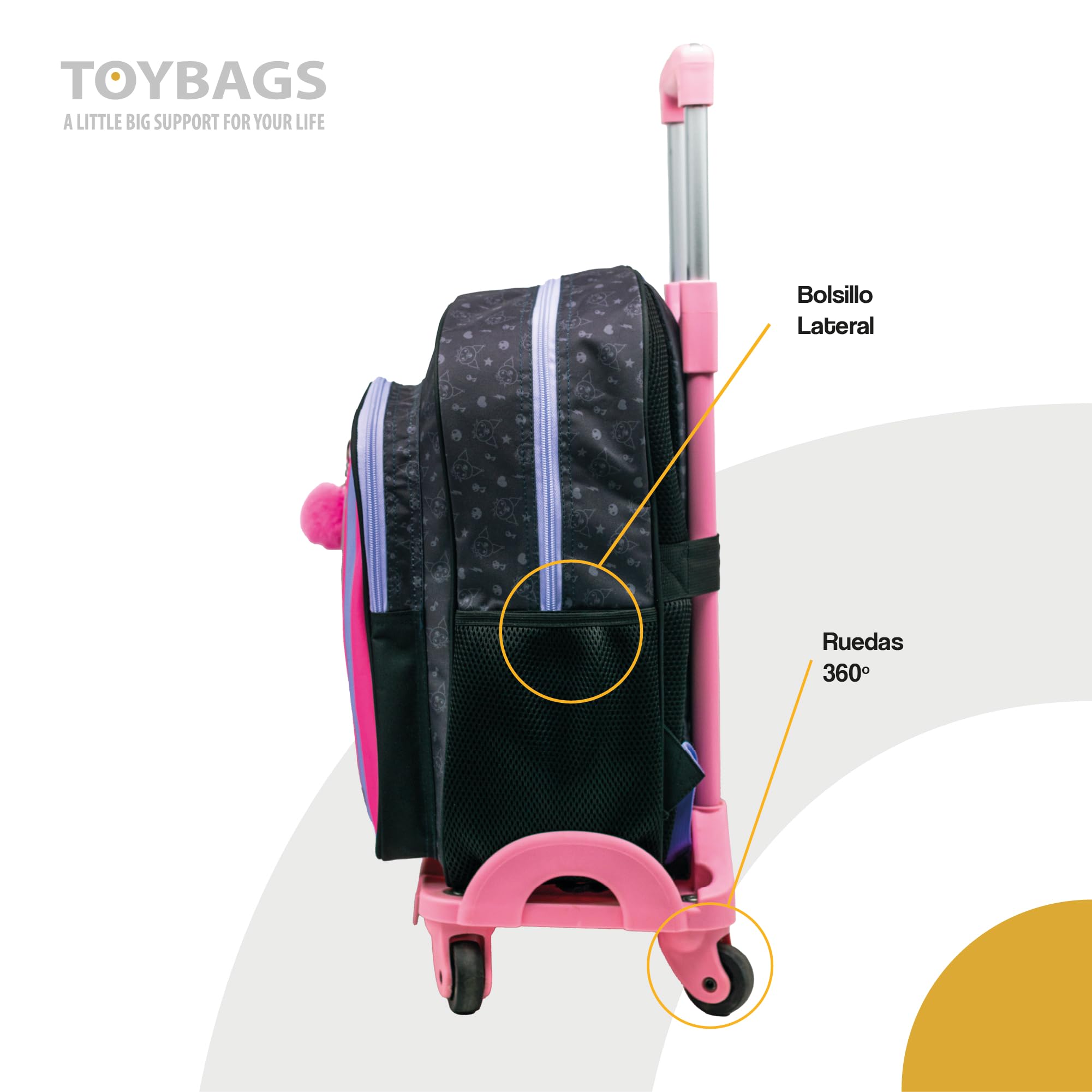 ToyBags Mochila Escolar Kuromi - Doble Compartimento - con Accesorio Pom-Pom - Adaptable + Carro Rosa Proteccion Lateral Y STOPER Frontal Anti CAIDA 4 Ruedas giratorias - 44 X 30 X 20 CM