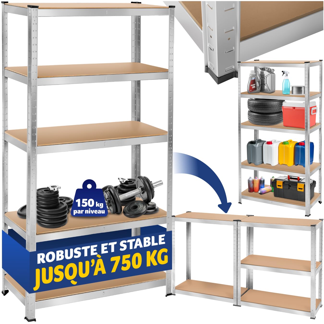 TecTake® Étagère Garage Étagère Charge Lourde Meuble de Rangement modulable en métal 5 tablettes 90x40x180cm Max. 750 kg pour Rangement Outils Rangement Atelier pneus Rangement buanderie Garde Manger