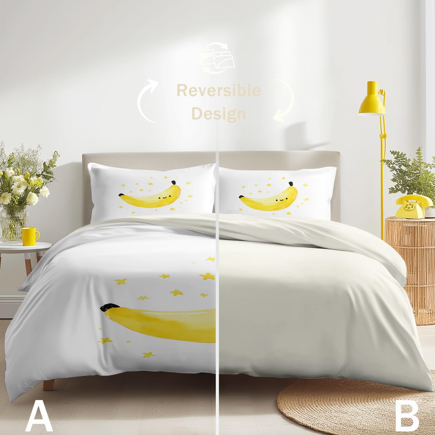 Banana Libro per bambini Copripiumino Cartoon Illustrazione Divertente Carino Copripiuminos, Acquerello Disegno a mano Educativo Facile da pulire, 150x200 Copripiumino Bianco für Ragazze & Ragazzi