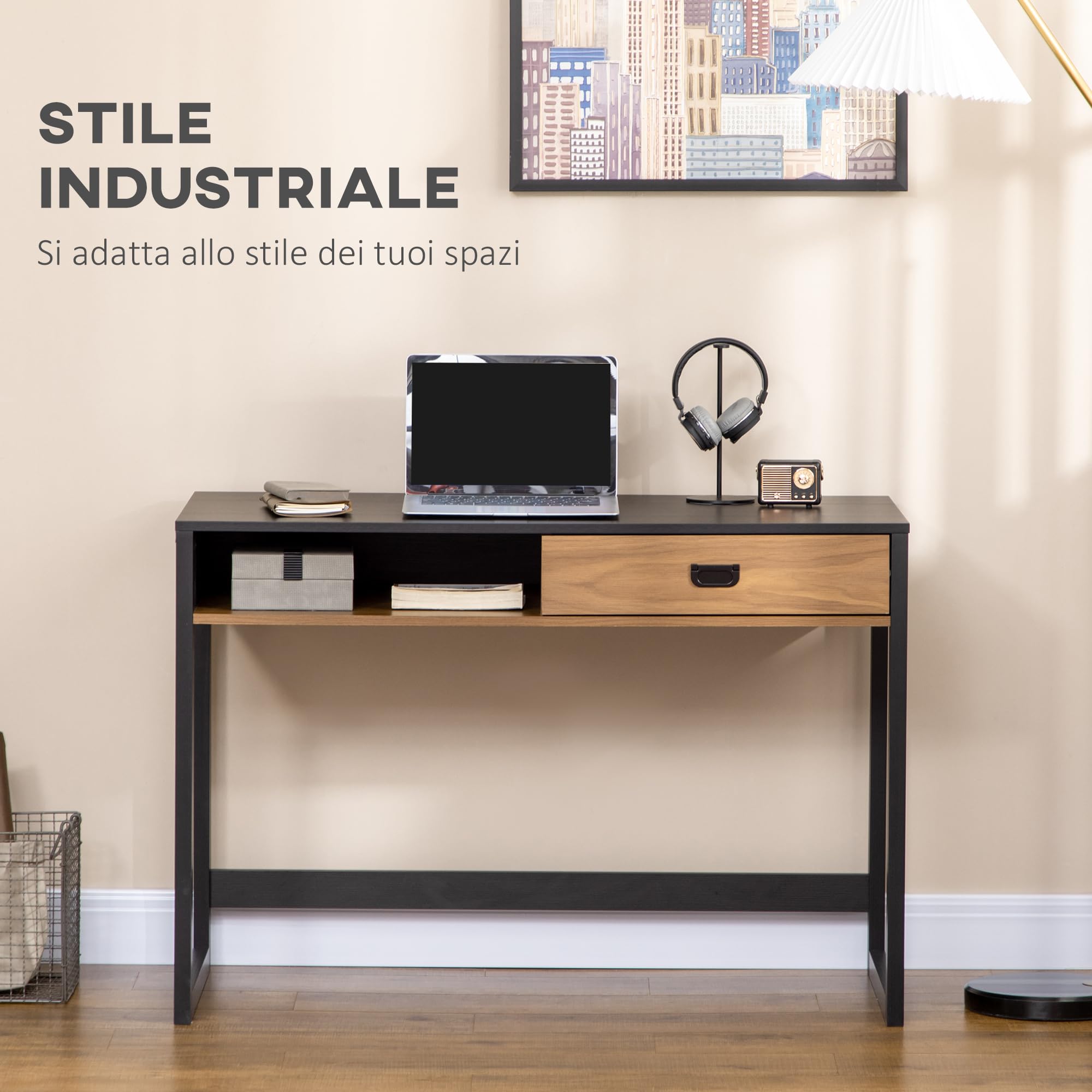HOMCOM Scrivania per Camera e Ufficio con Ripiano 110x50x76cm Noce e Nero | Cassetto, in Legno, Stile Industriale