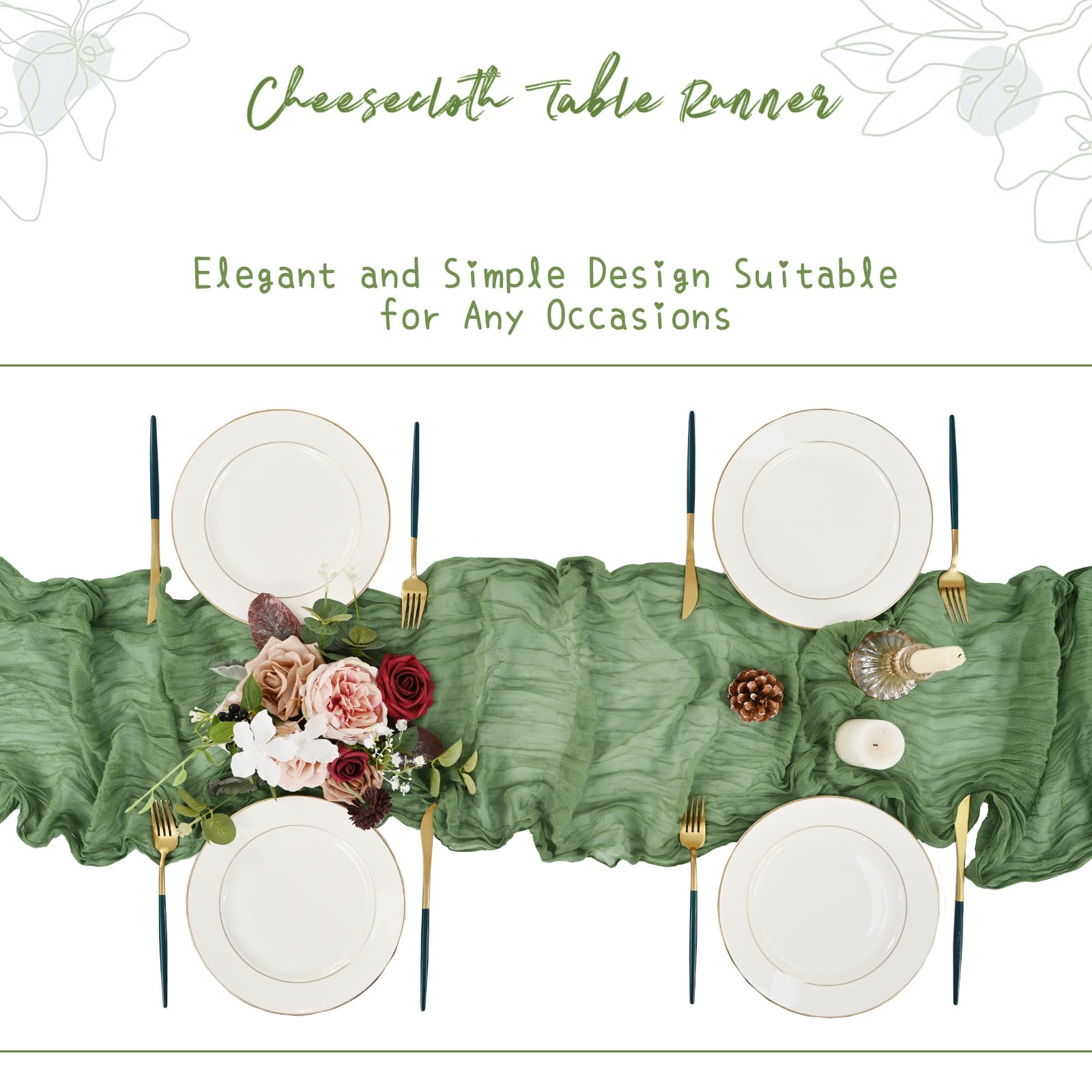 Confezione da 20 runner da tavola in garza verde salvia, 45 x 275 cm, verde salvia, stile bohémien, rustico, in garza, per formaggi, romantici, in tessuto trasparente, per matrimoni, feste, giardino