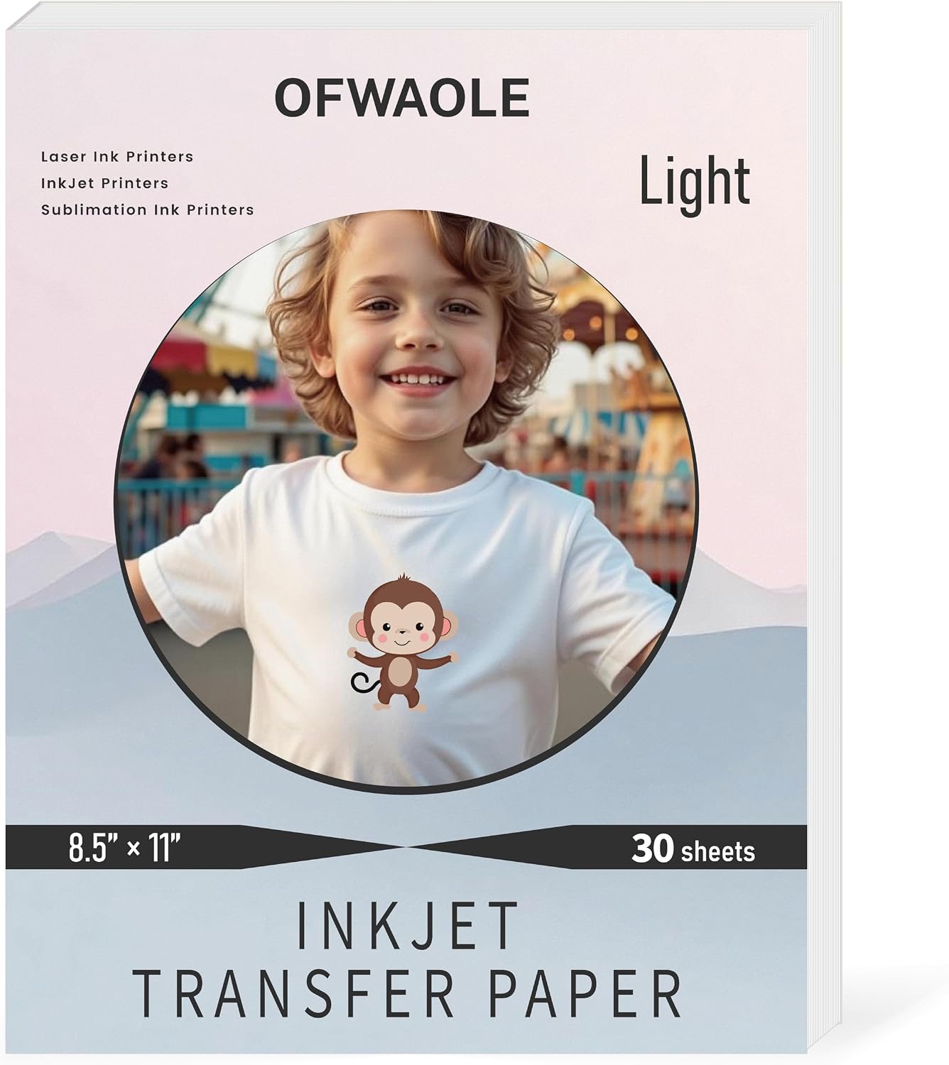 Iron-On Heat Transfer Paper for Light Fabric – 30 Sheets 8.5x11" Printable Transfer Vinyl for Inkjet or Laser Printers, Soft & Lightweight, Ideal for T-Shirts, DIY Crafts & Custom Designs