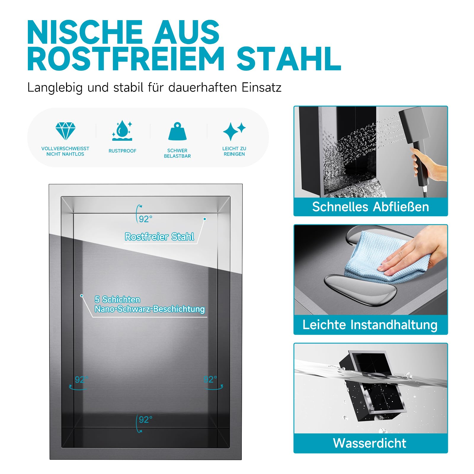 Wandnische Dusche Edelstahl 20x30x10 cm Nano Graphite | Keine Fliesen Erforderlich · Duschnische · Wasserdicht · Rostfrei · Nahtlos geschweißter Edelstahl · Leichte Reinigung