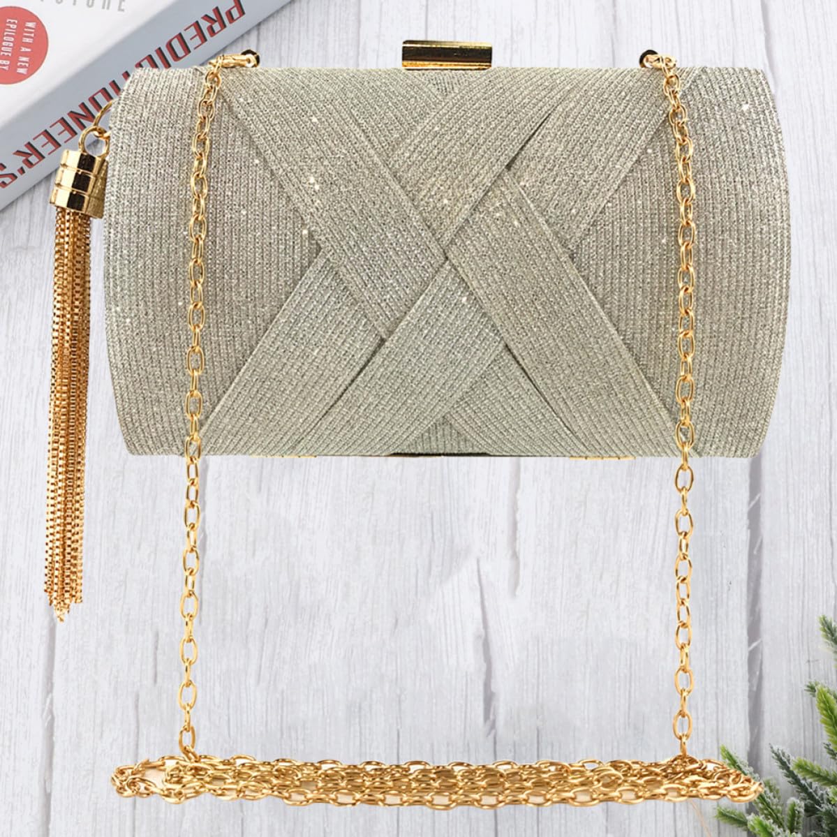 Dorado Bolso de Noche para Mujer de Satén Borlas Elegante