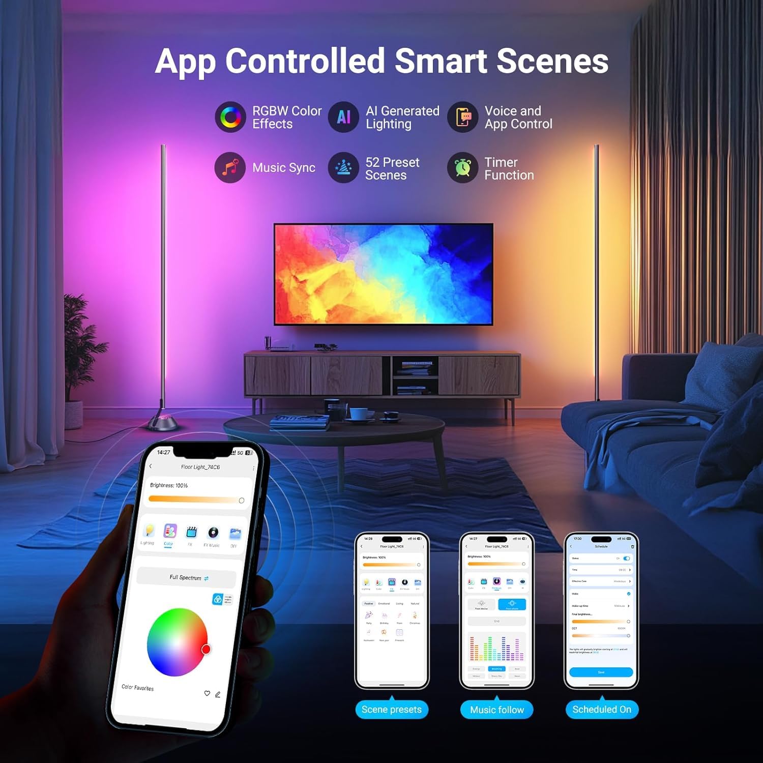 NEEWER Inteligentna lampa podłogowa RGBW, lampa narożna LED o mocy 1500 lm, kompatybilna z Alexą i Asystentem Google, sterowanie aplikacją/AI DIY/synchronizacja muzyki/16 milionów kolorów, NF01