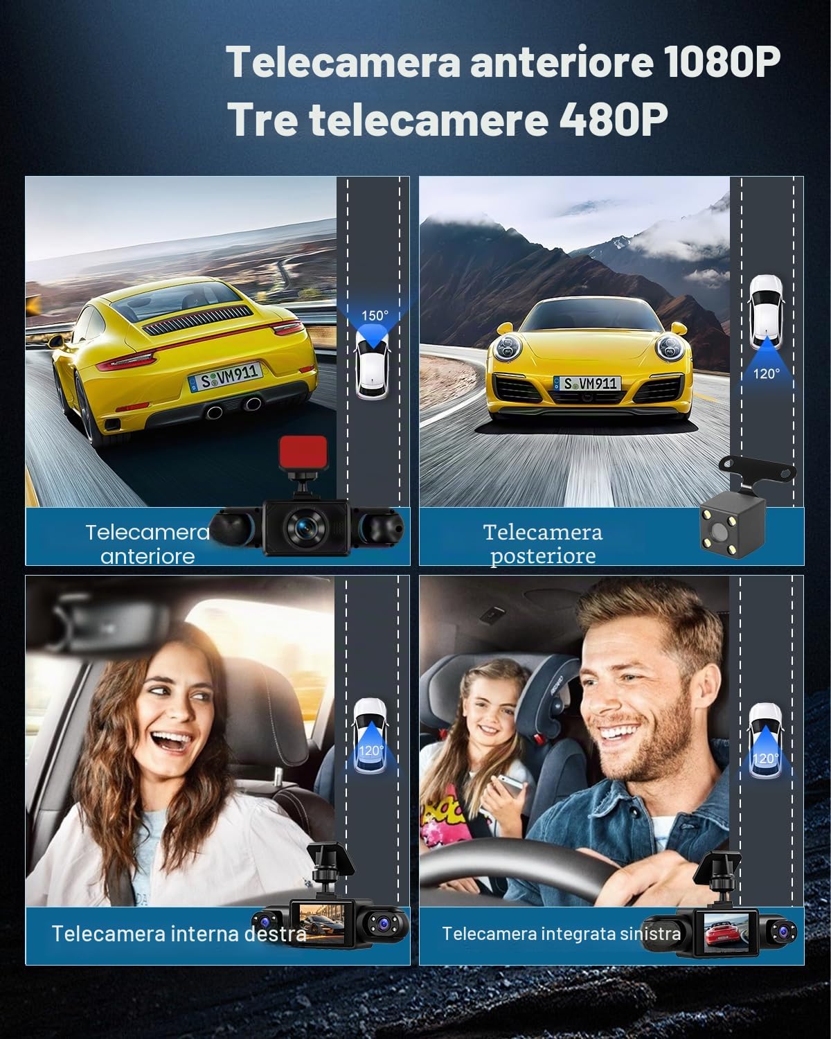 NHOPEEW Dash Cam a 4 canali anteriore e posteriore - Telecamera per auto a 360 gradi con display da 2 pollici, visione notturna IR, registrazione in loop, rilevamento del movimento + scheda TF da 64G