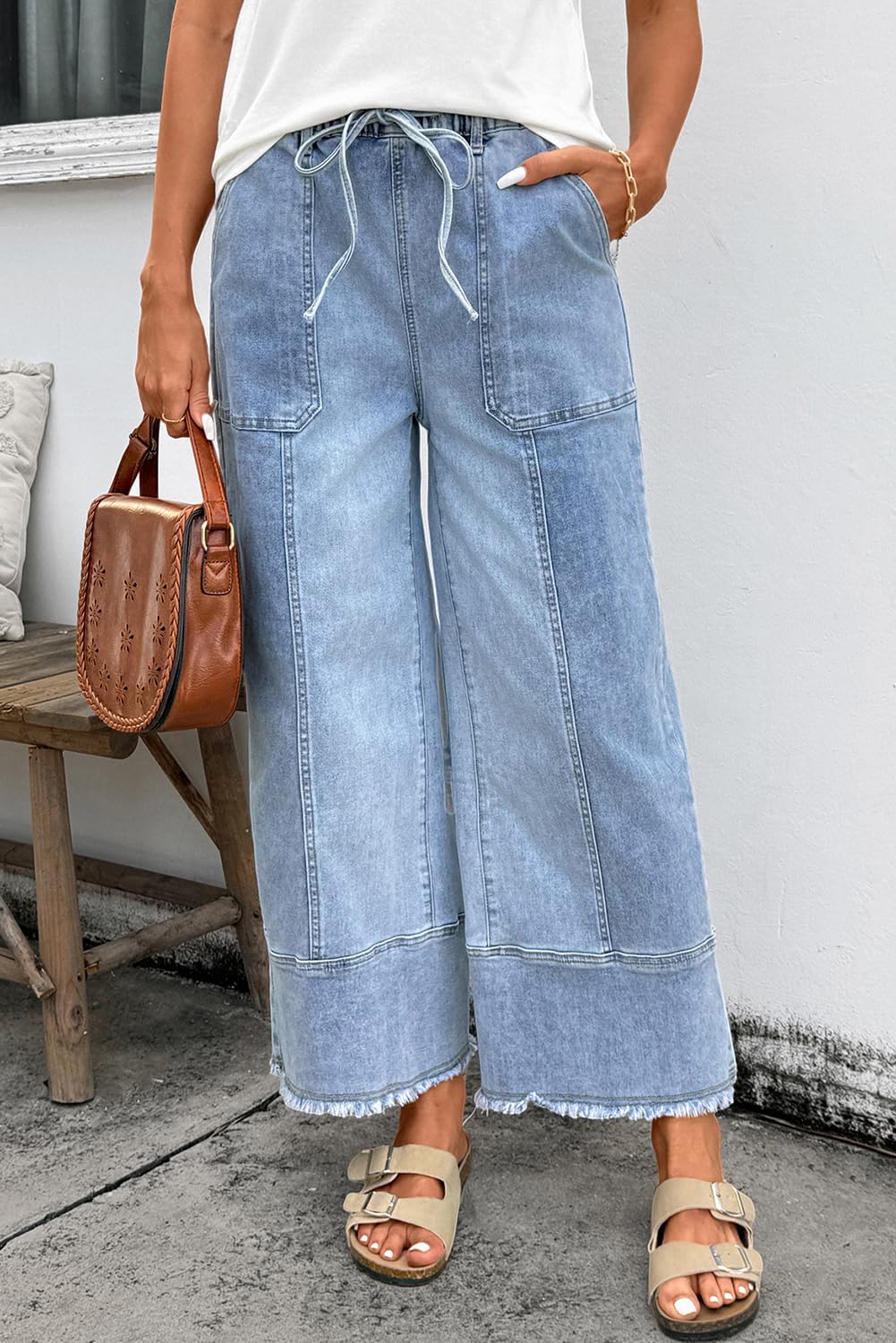 Deer Lady Wide Leg Jeans Women High Waisted Baggy Stretchy Trendy Loose Straight Leg Pull On Drawstring Pockets Denim Pants