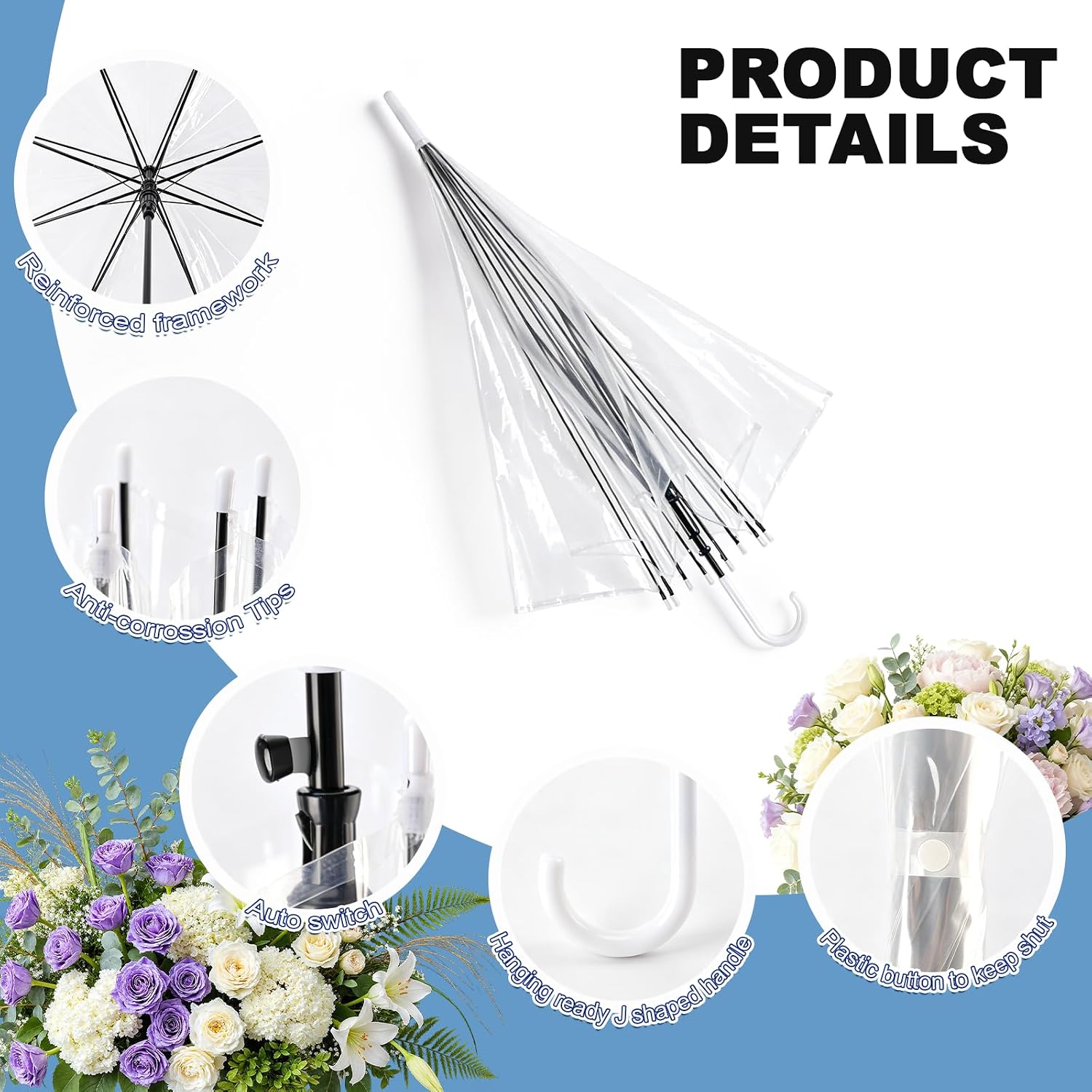30 Pack Clear Wedding Umbrellas Bulk, Auto Open Transparent Stick Umbrella