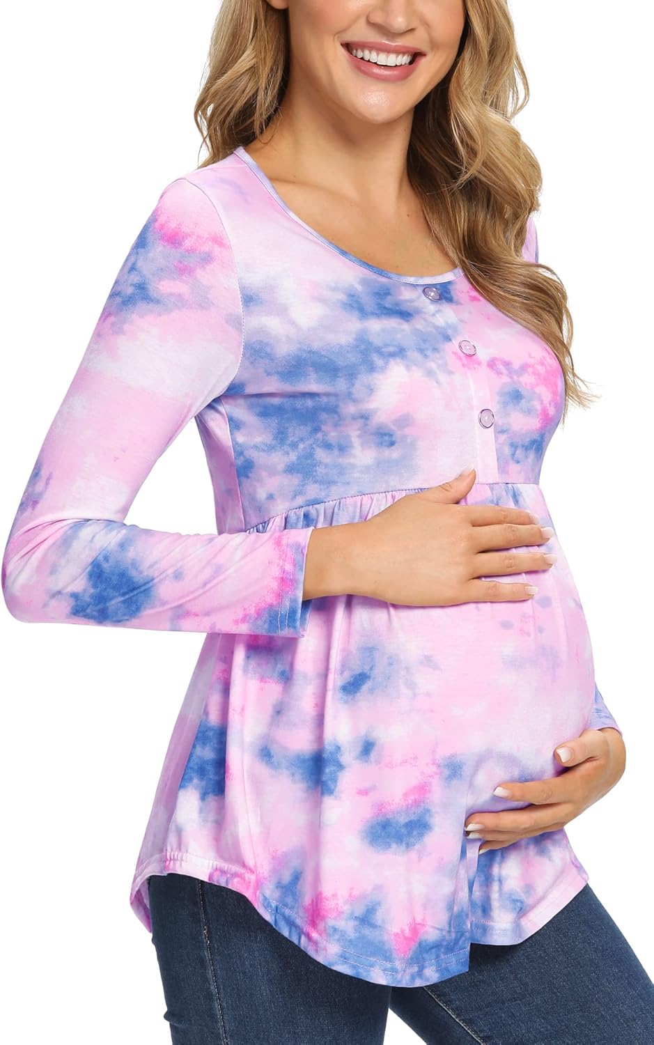 PACBREEZE Maternity Top Ruched Babydoll Maternity Shirts with Button Accent at  Women’s Clothing store