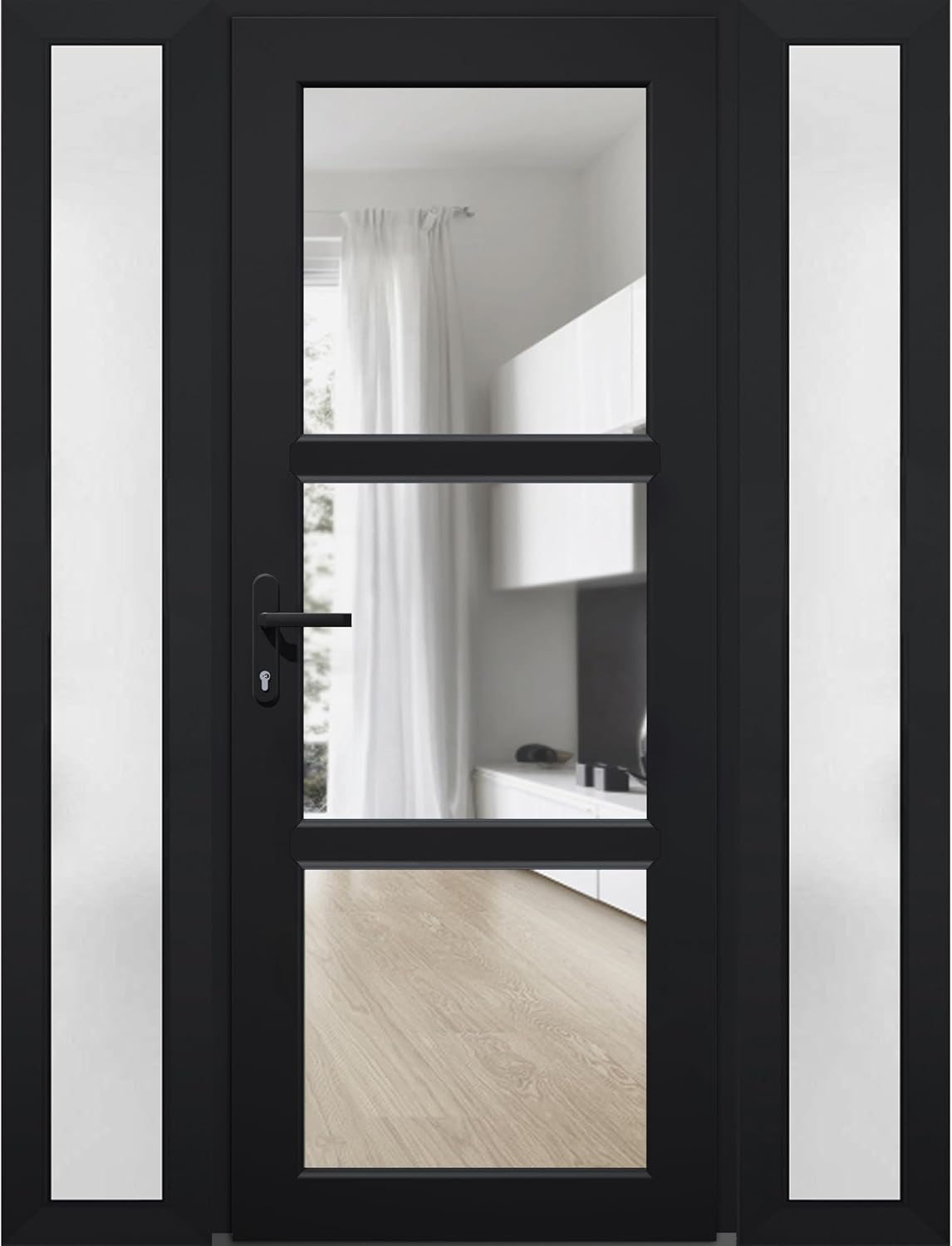 VDOMDOORS Front Exterior Prehung Metal-Plastic Door See-Through/Manux 8555 Matte Black / 2 Side Windows/Entrance Patio Garage 58" x 80" Right-Hand Inswing
