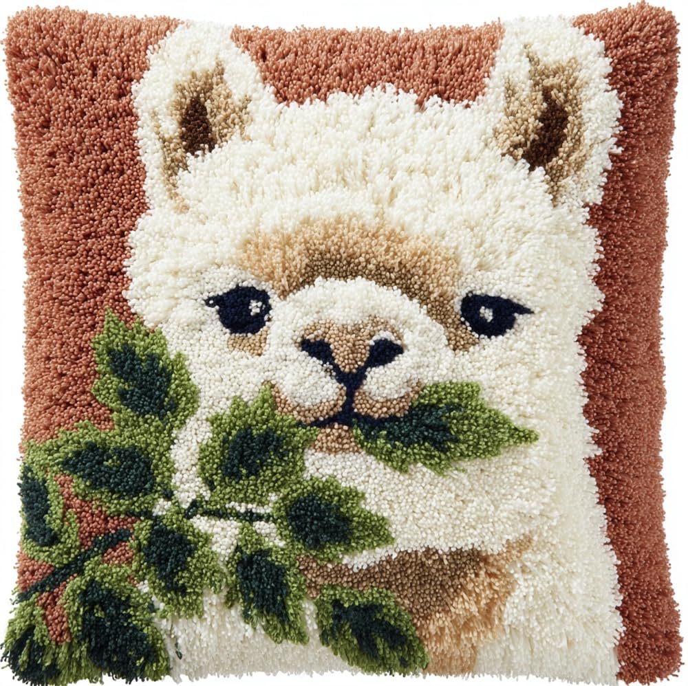 FWRTYCB Latch Hook Pillow Kits for Adults Alpaca Eating Leaves Knitting Ki