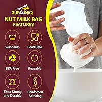 Vista 4 de Sufaniq Bolsa de leche de nueces, paquete de 2 (12 x 12 pulgadas), bolsa de estopilla de nailon 100% puro, colador reutilizable de alta calidad