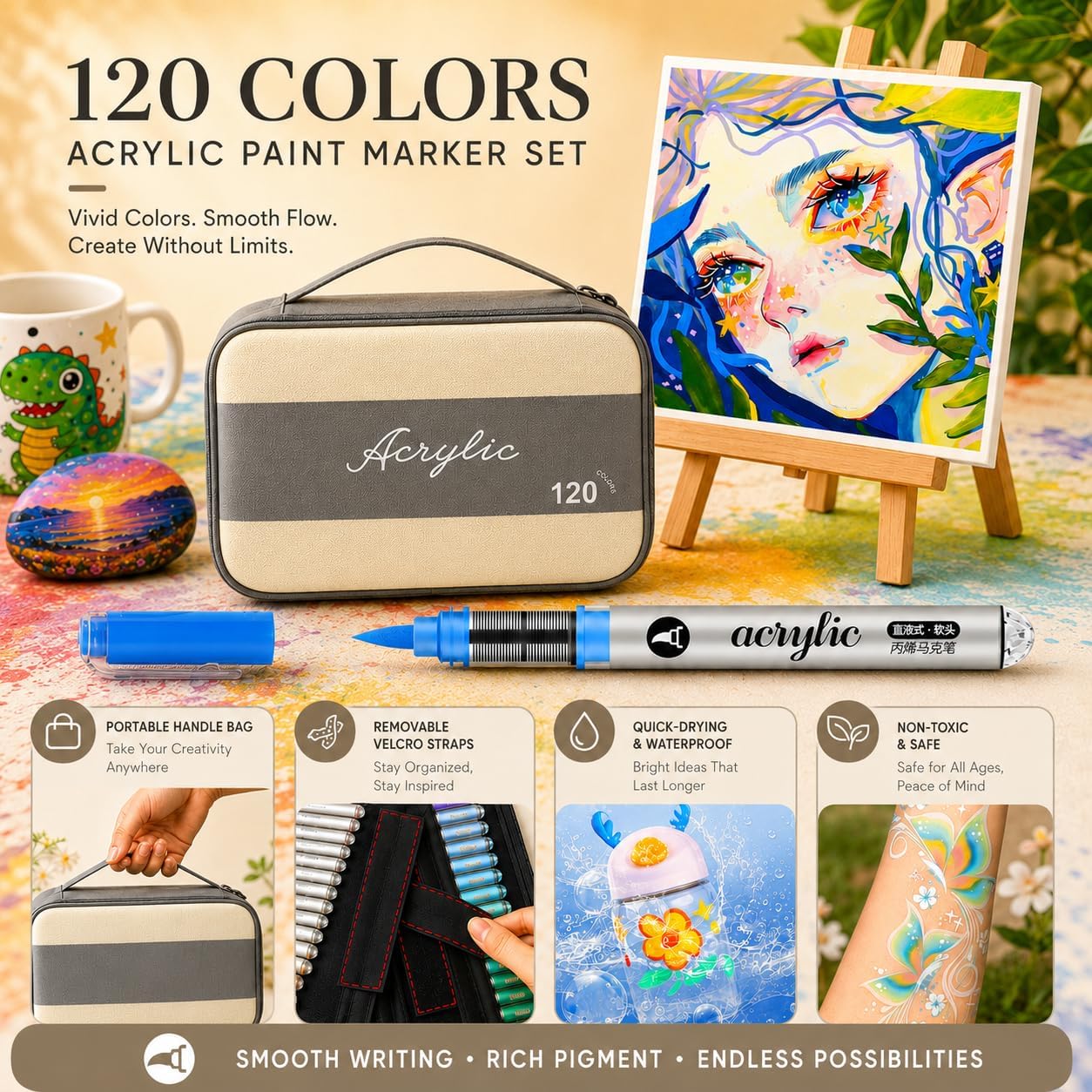 120 Color Acrylic Paint Markers Set – Soft Brush Tip Acrylic Paint Pens and Markers for Artists, DIY Crafts, Canvas, Wood, Glass, Rocks, Fabric and More Creative Projects(GREY) image 5