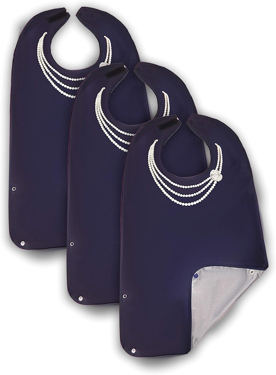 Adult Bibs for Women, Wipe ‘n Wear™ Clothing Protectors for Eating, Senior Adult Bib Crumb Catcher, Waterproof, Reusable, Washable (Pearls 3pk)