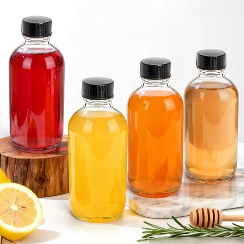 Miniatura 5 de Bekith 24 Pack Clear Boston Round with Black Poly Cone Cap, 4 oz Clear Glass Bottles Sample Bottles for Juice, Ginger Shots, Oils, Whiskey, Liquids