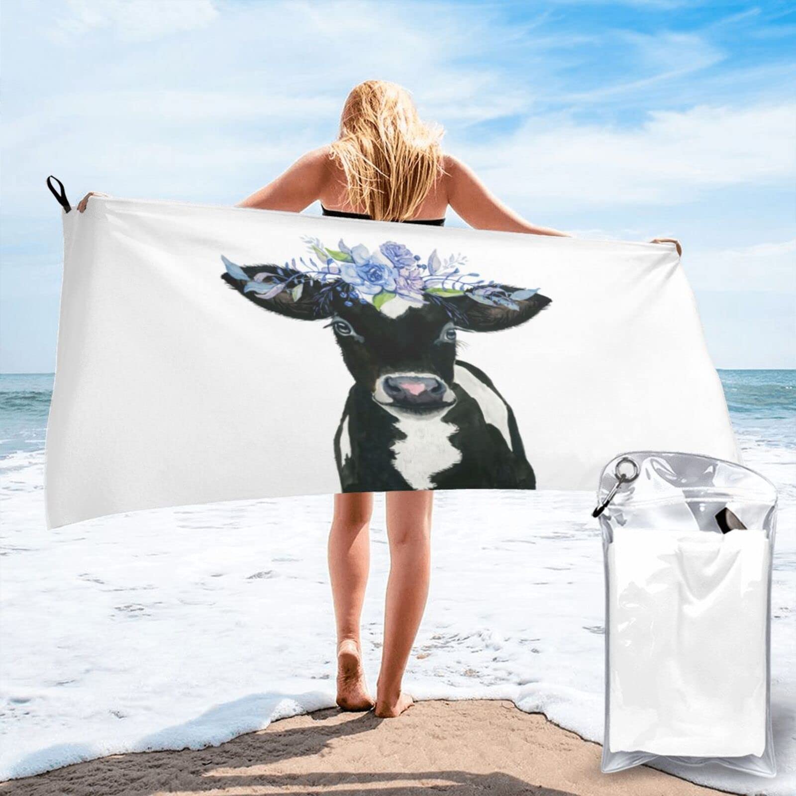 Lawenp Flowers and Cow Microfiber Beach Towel Adults Large Quick Drying Bath Towel Travel Towels with Pouch 27.5"x55"