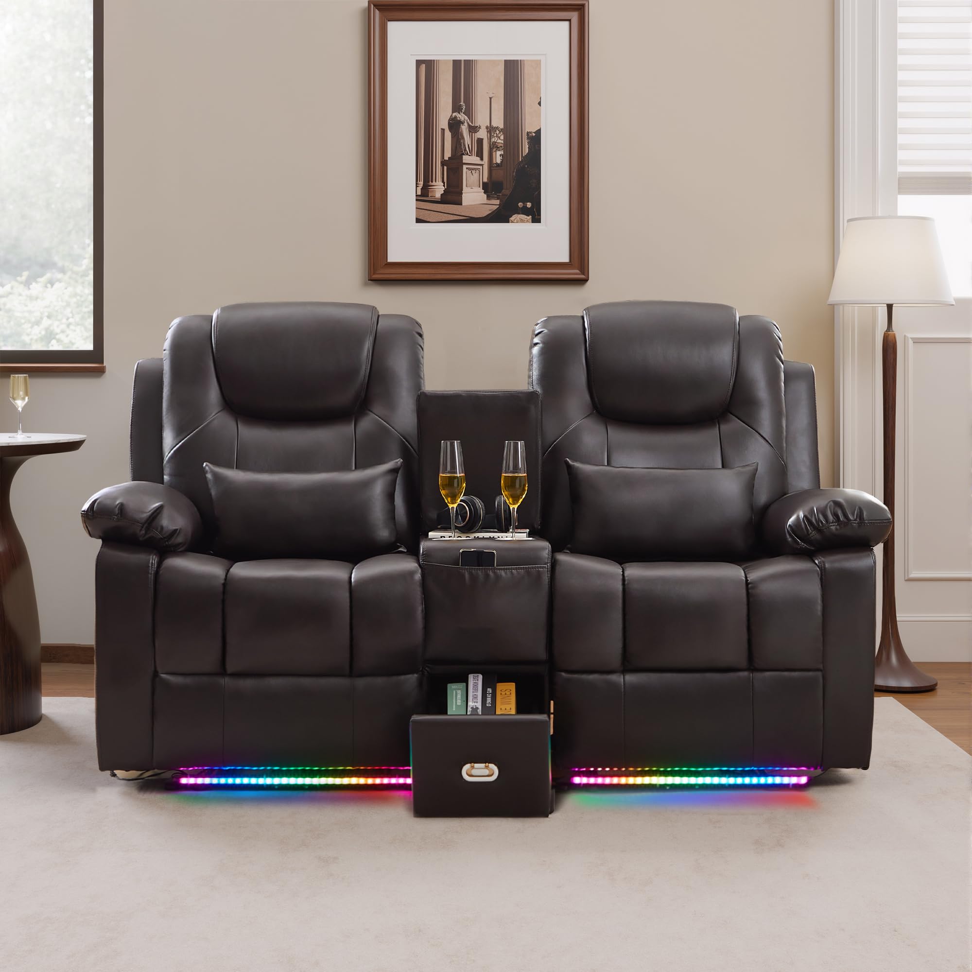 SnyFivv RV Power Loveseat Recliner Sofa, PU Leather Double Wall Hugger Reclining Sofa Home Theater Seating with Console, Cup Holders, LED Lights, 2