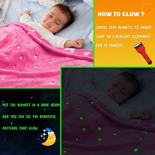 Miniatura 9 de REXEO Manta de franela de 50 x 60 pulgadas, brilla en la oscuridad, fresa fluorescente, ligera, felpa de fibra, para niñas y niños, regalos de