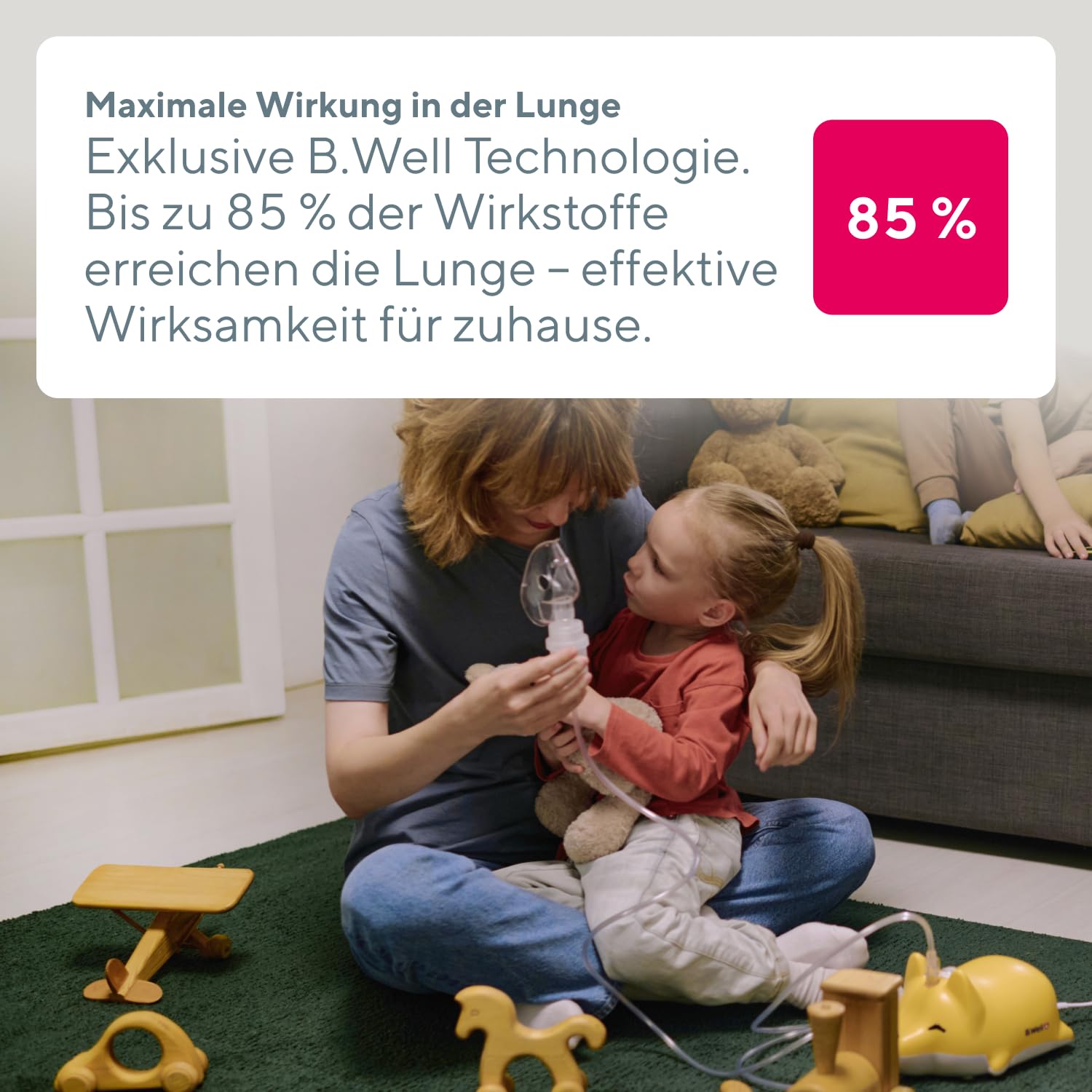 B.Well Swiss Kompressor-Inhalator MED-111, Medizinisch effiziente Atemtherapie, Einstellbarer Vernebler-Inhalator für Babys, Kinder und Erwachsene, Schweizer Qualität, Mit 2 Masken und Mundstück